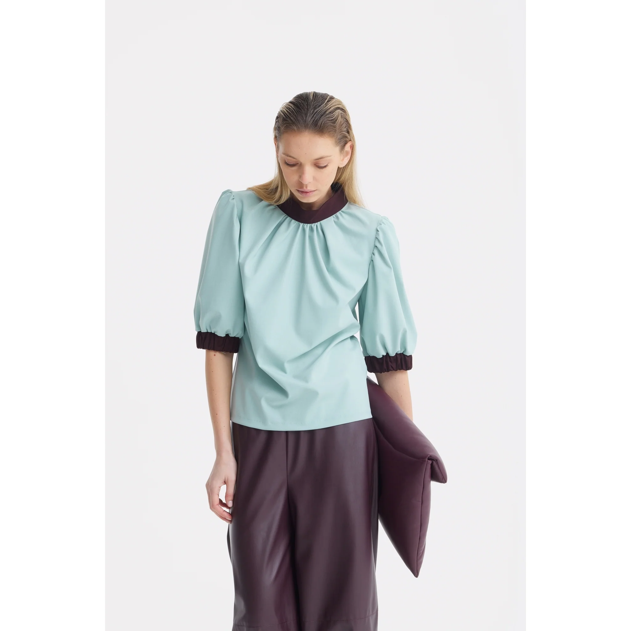 Textured Short Sleeve Blouse - Light Blue - Image 3