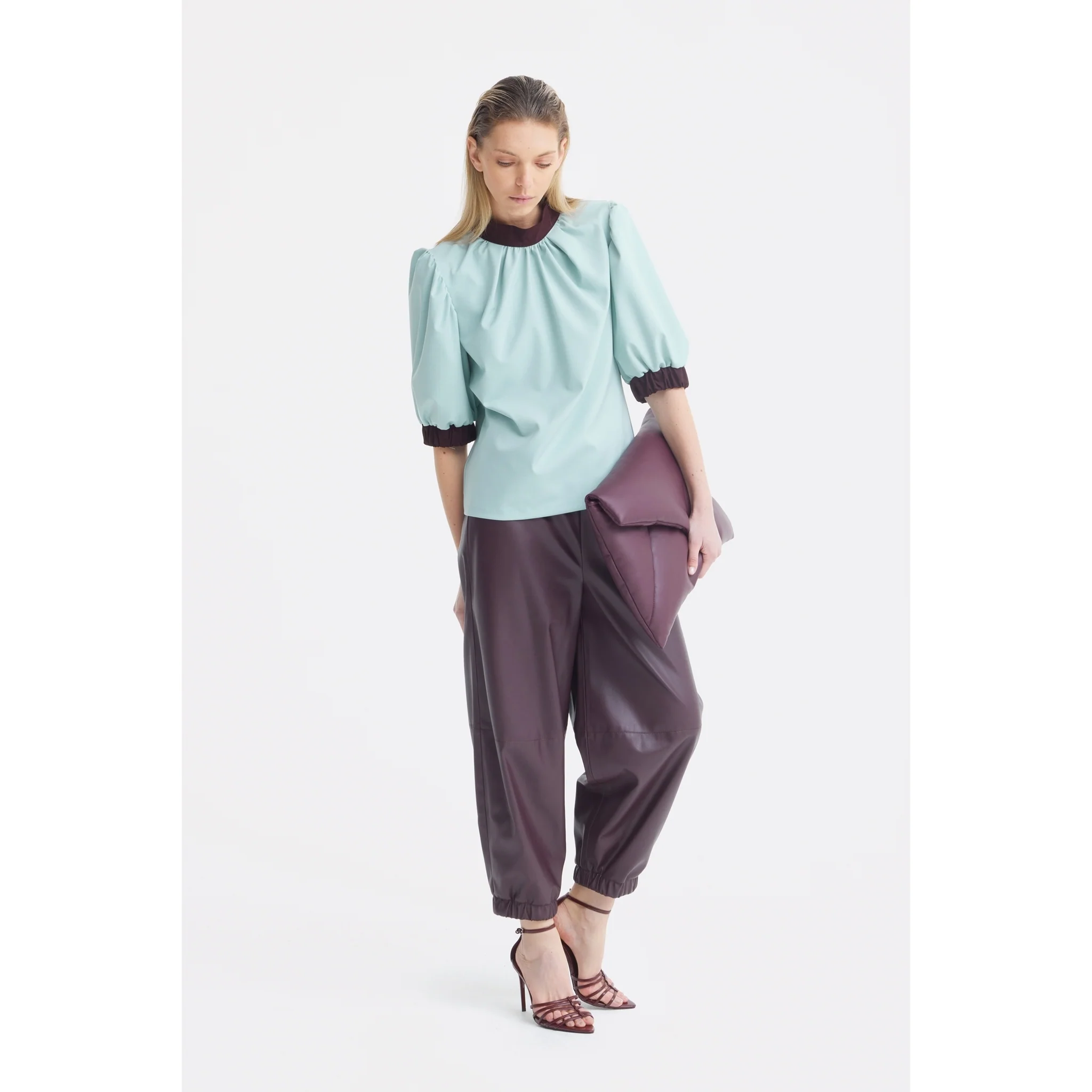 Textured Short Sleeve Blouse - Light Blue - Image 4