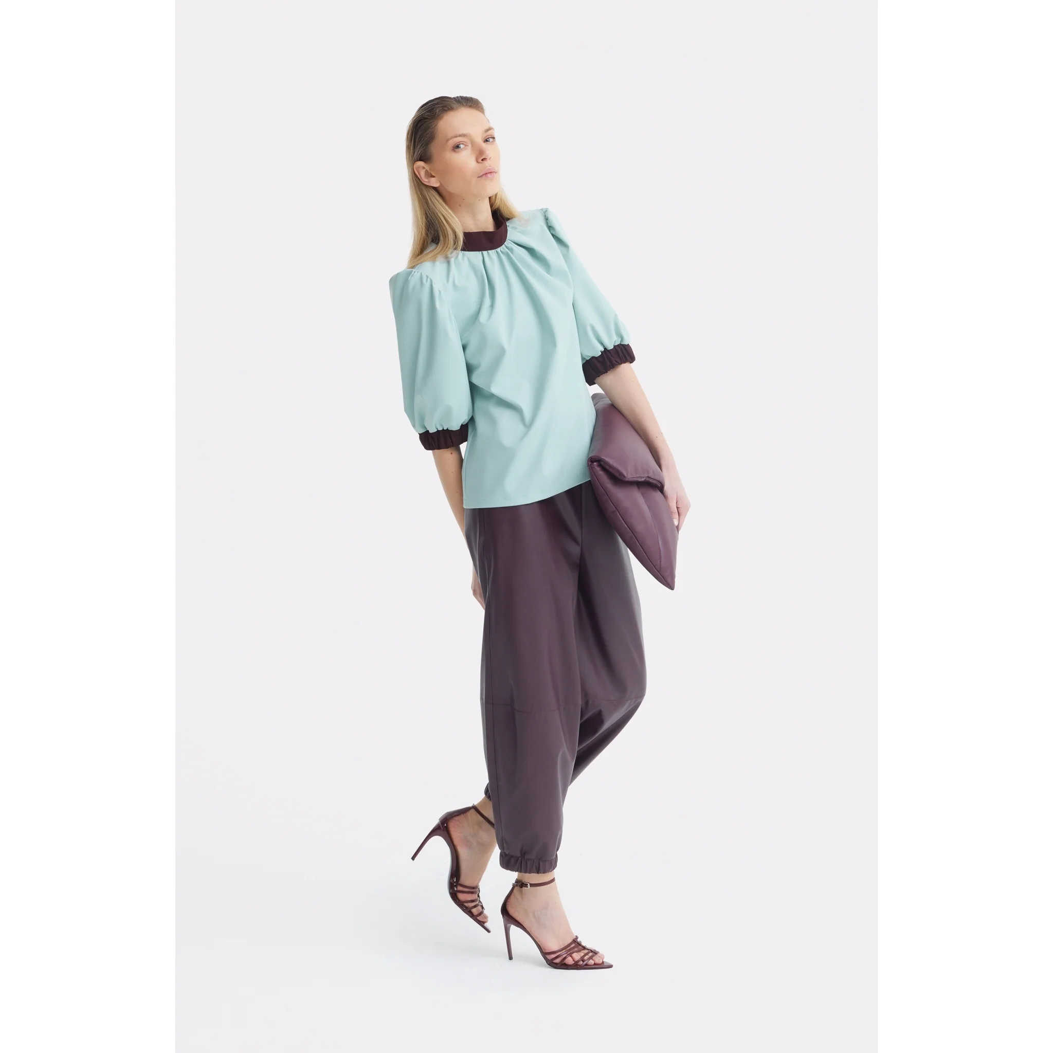 Textured Short Sleeve Blouse - Light Blue - Image 5