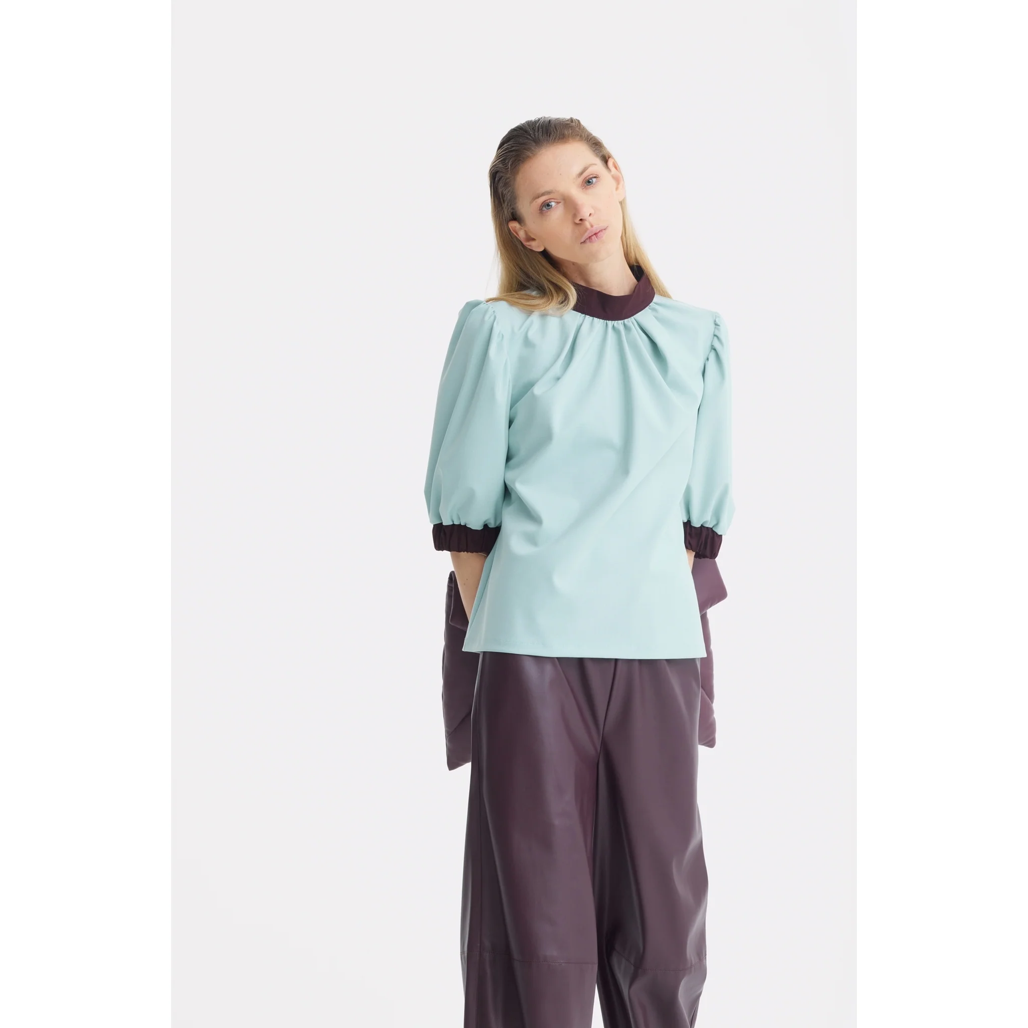 Textured Short Sleeve Blouse - Light Blue - Image 6