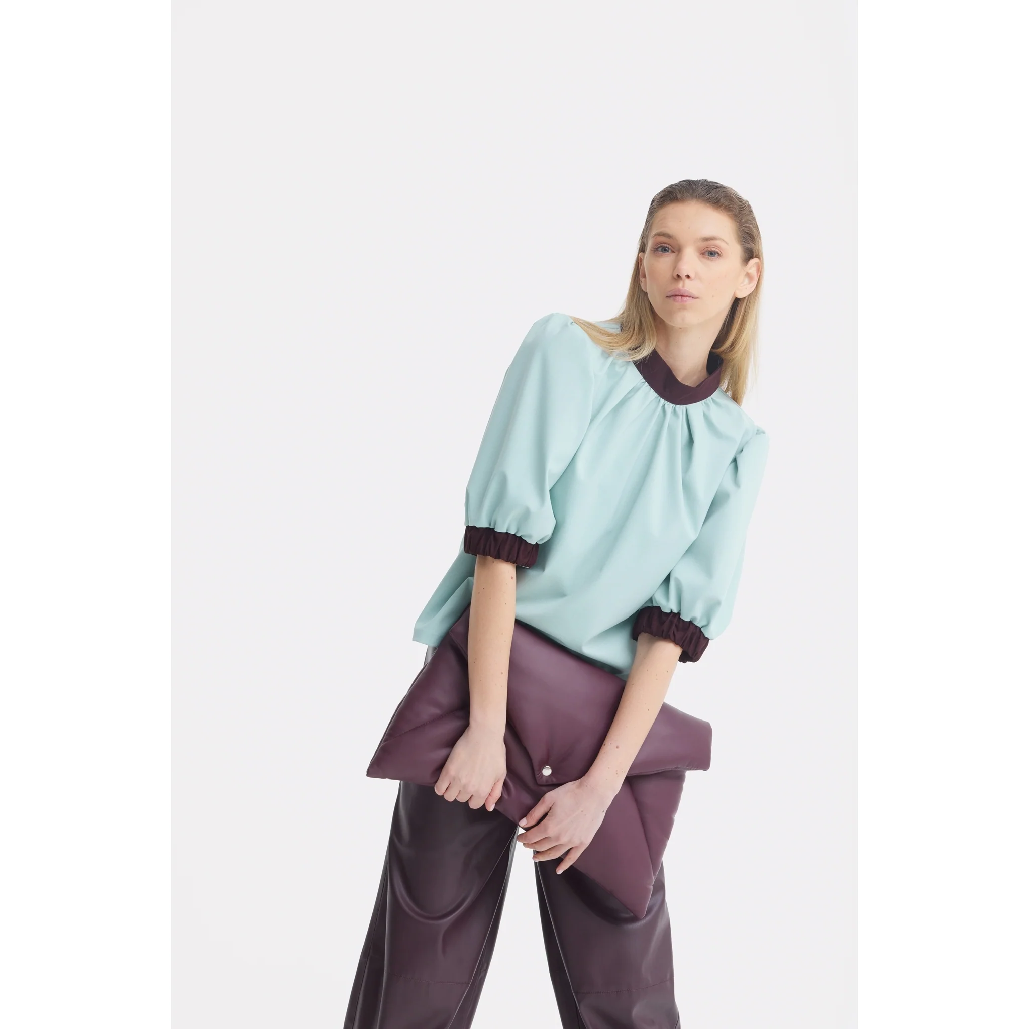 Textured Short Sleeve Blouse - Light Blue - Image 8