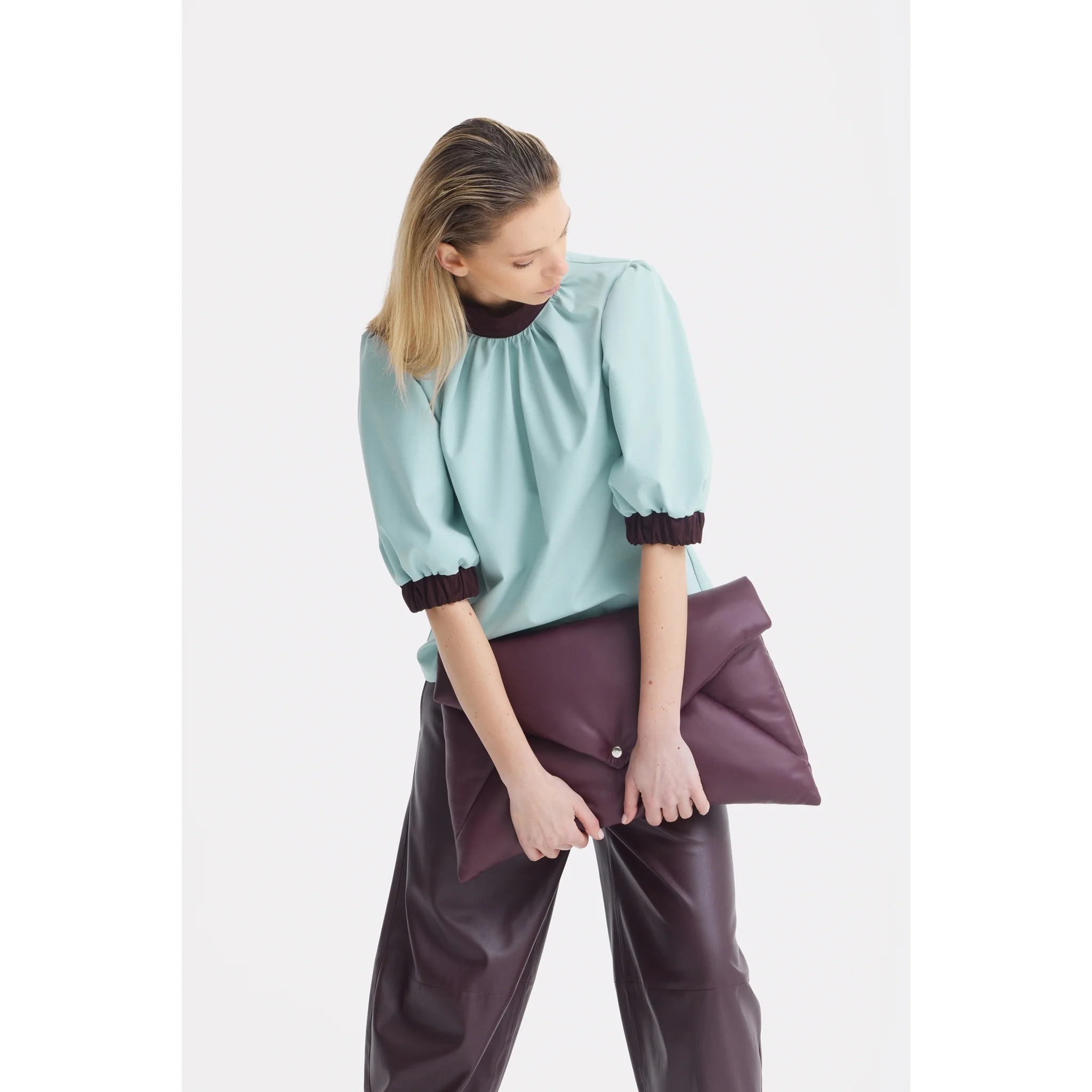 Textured Short Sleeve Blouse - Light Blue - Image 9