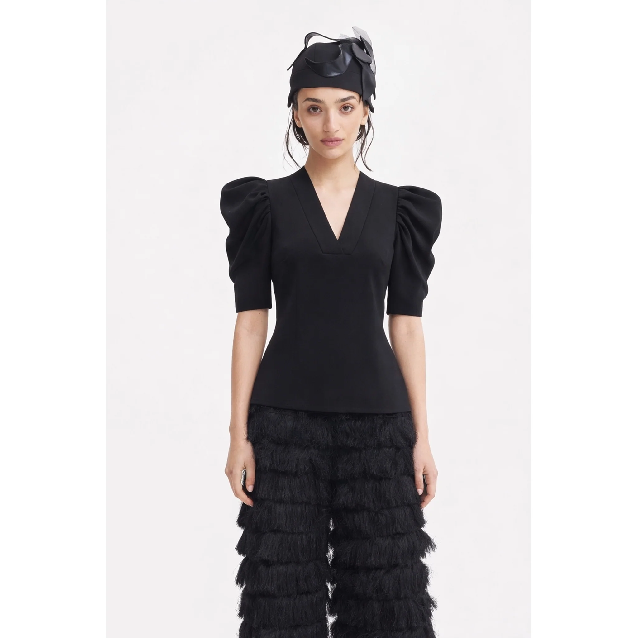 V-Neck Puff Sleeve Top - Black - Image 2