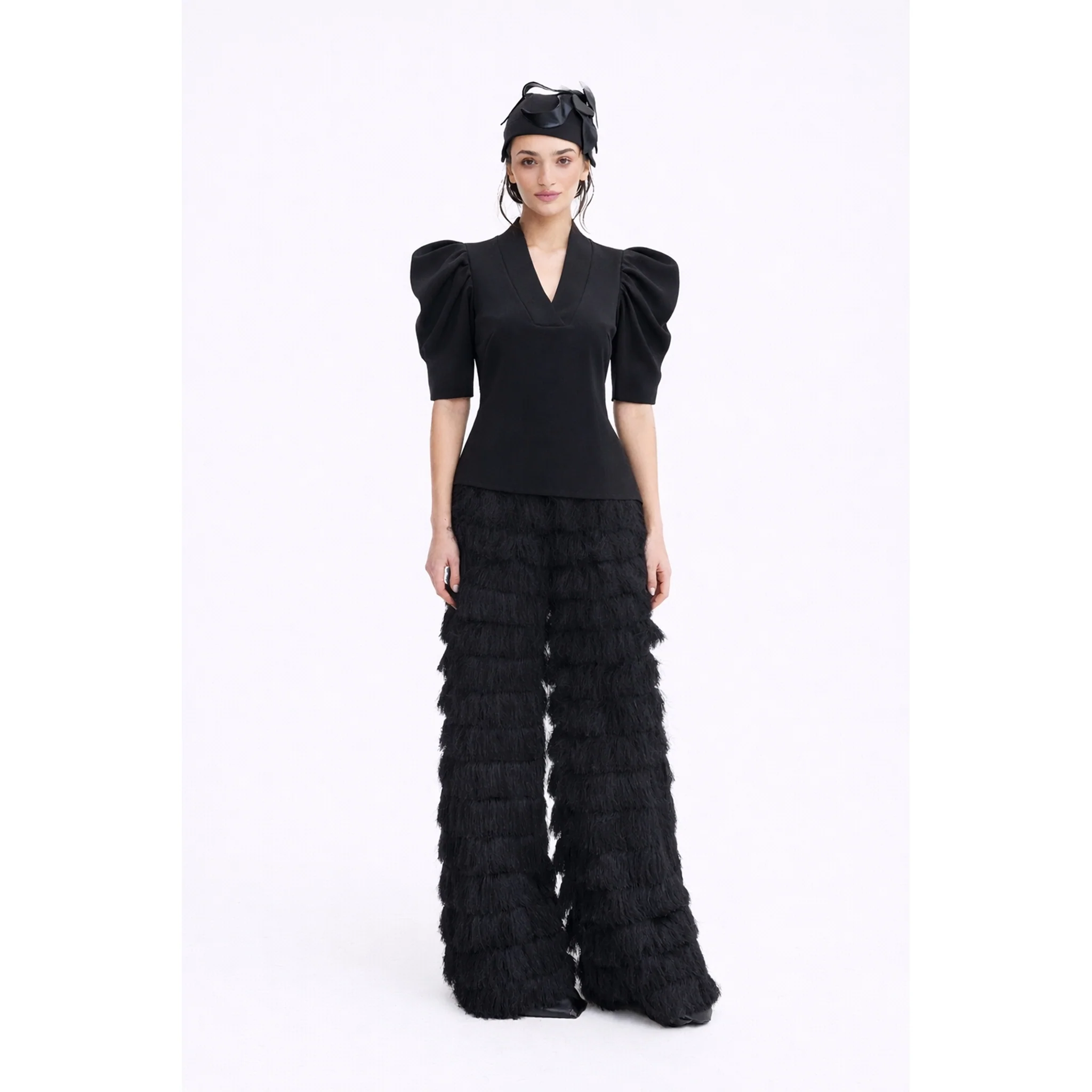 V-Neck Puff Sleeve Top - Black - Image 3