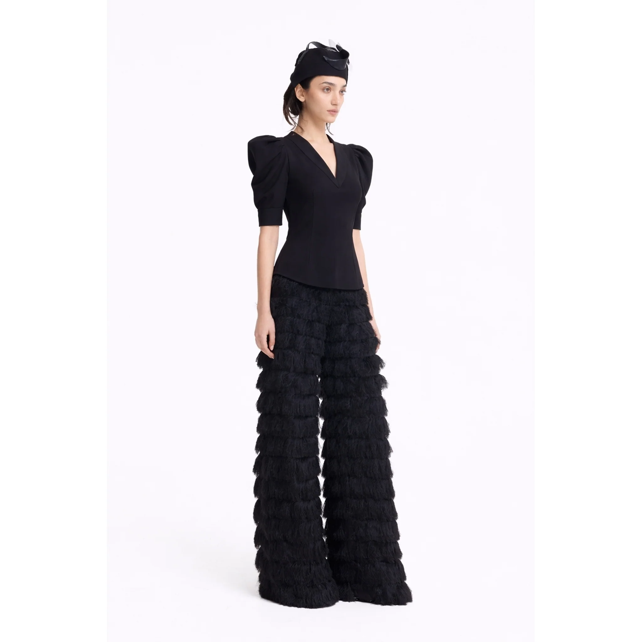 V-Neck Puff Sleeve Top - Black - Image 4
