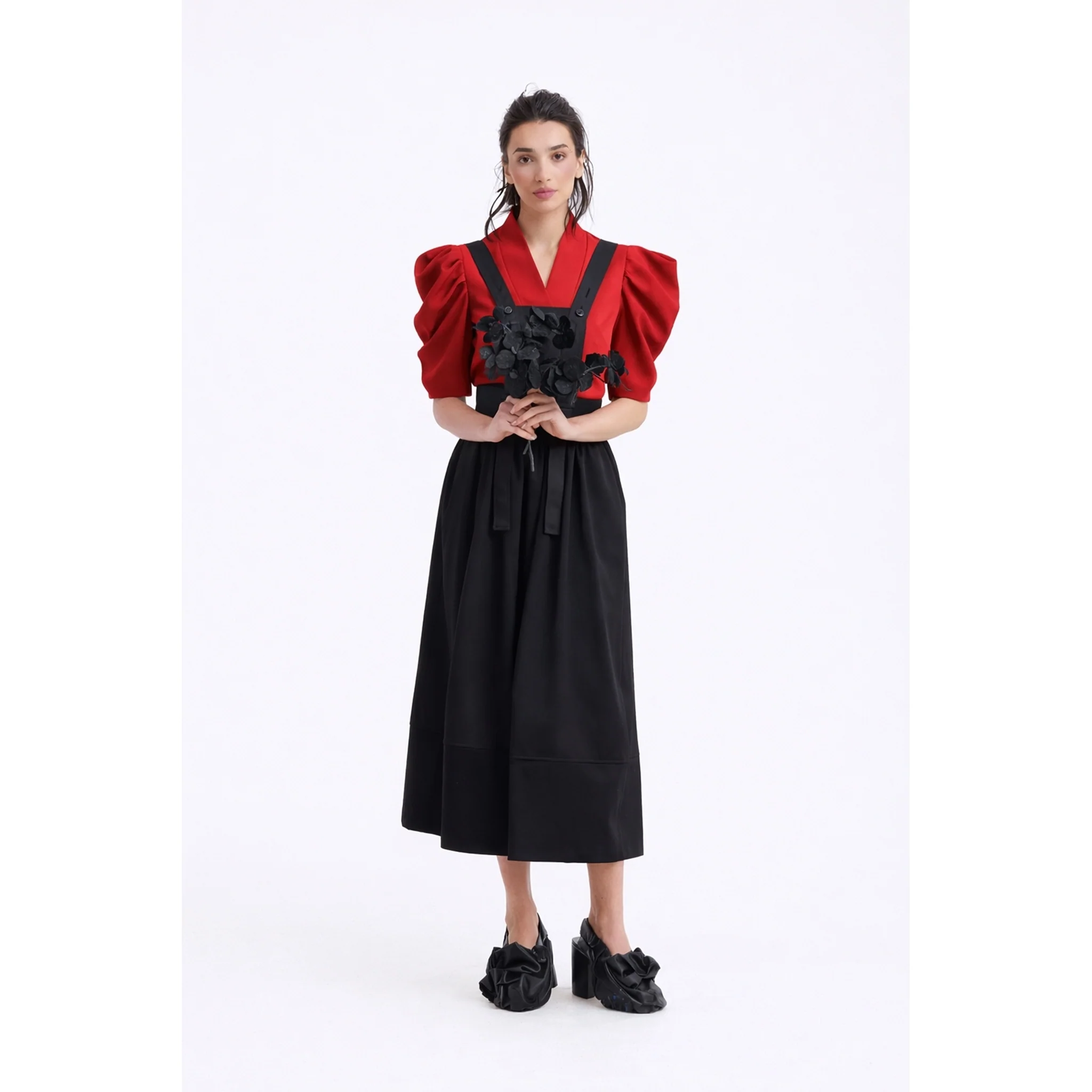 V-Neck Puff Sleeve Top - Red - Image 3