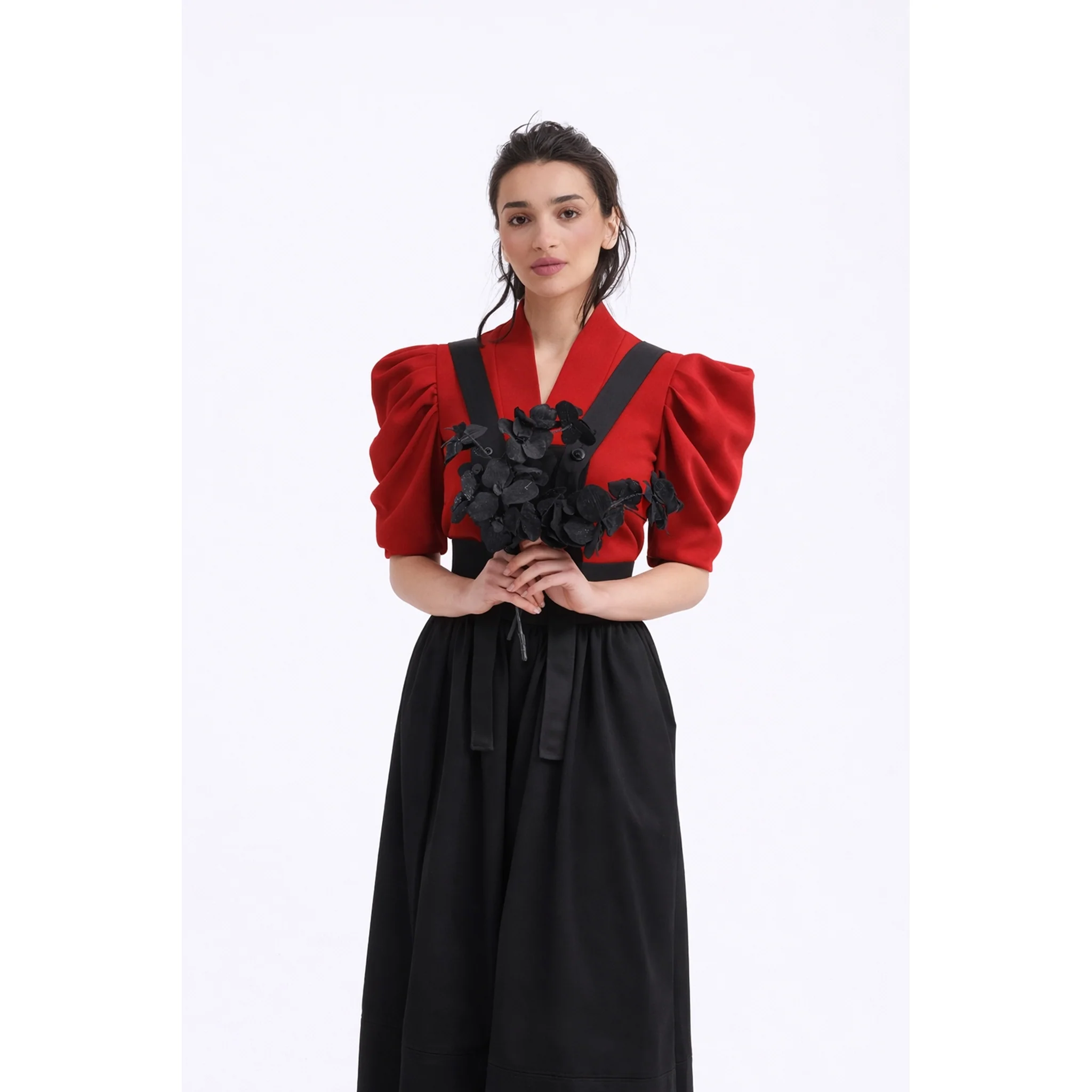 V-Neck Puff Sleeve Top - Red - Image 4