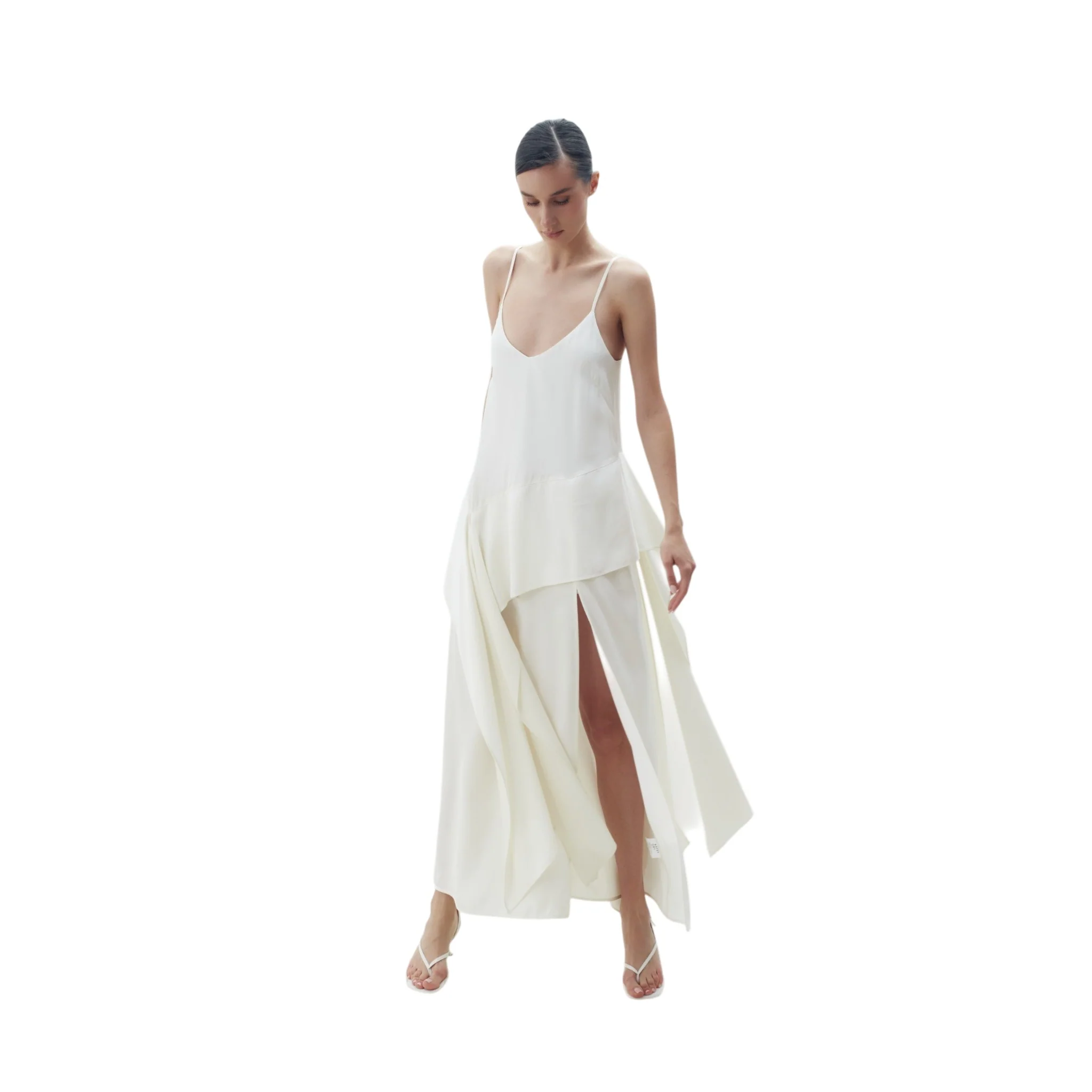 Cream Scarf Detailed Midi Sleeveless Dress - Image 3