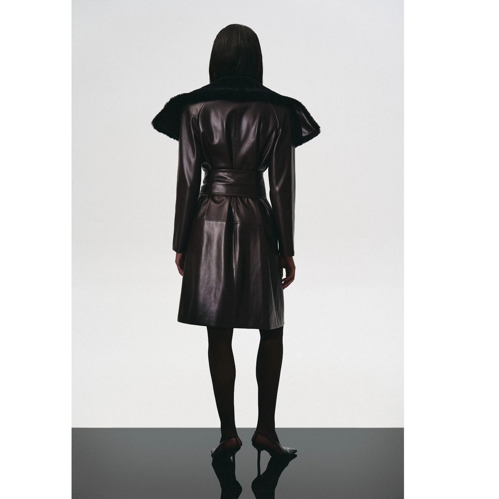 Leather Trench Coat With Fur Collar - Image 3