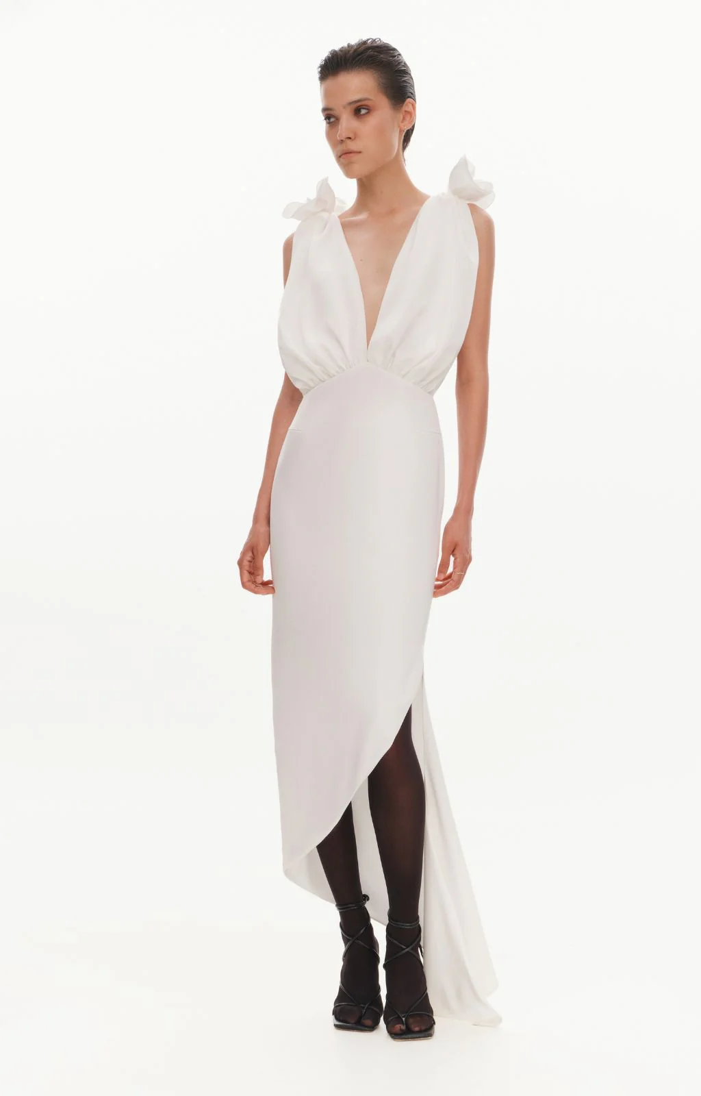 Silky Draped Dress With Roses | Ecru - Image 2