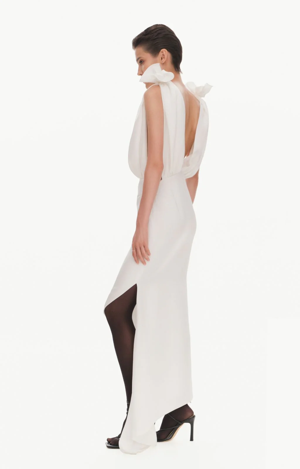 Silky Draped Dress With Roses | Ecru - Image 3
