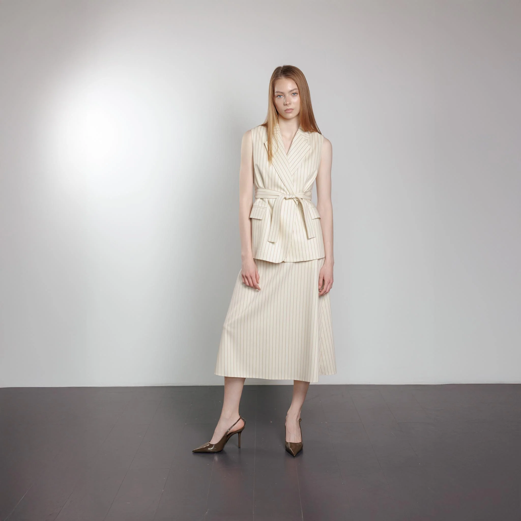 Cream Pinstriped A-Line Midi Skirt - Image 3