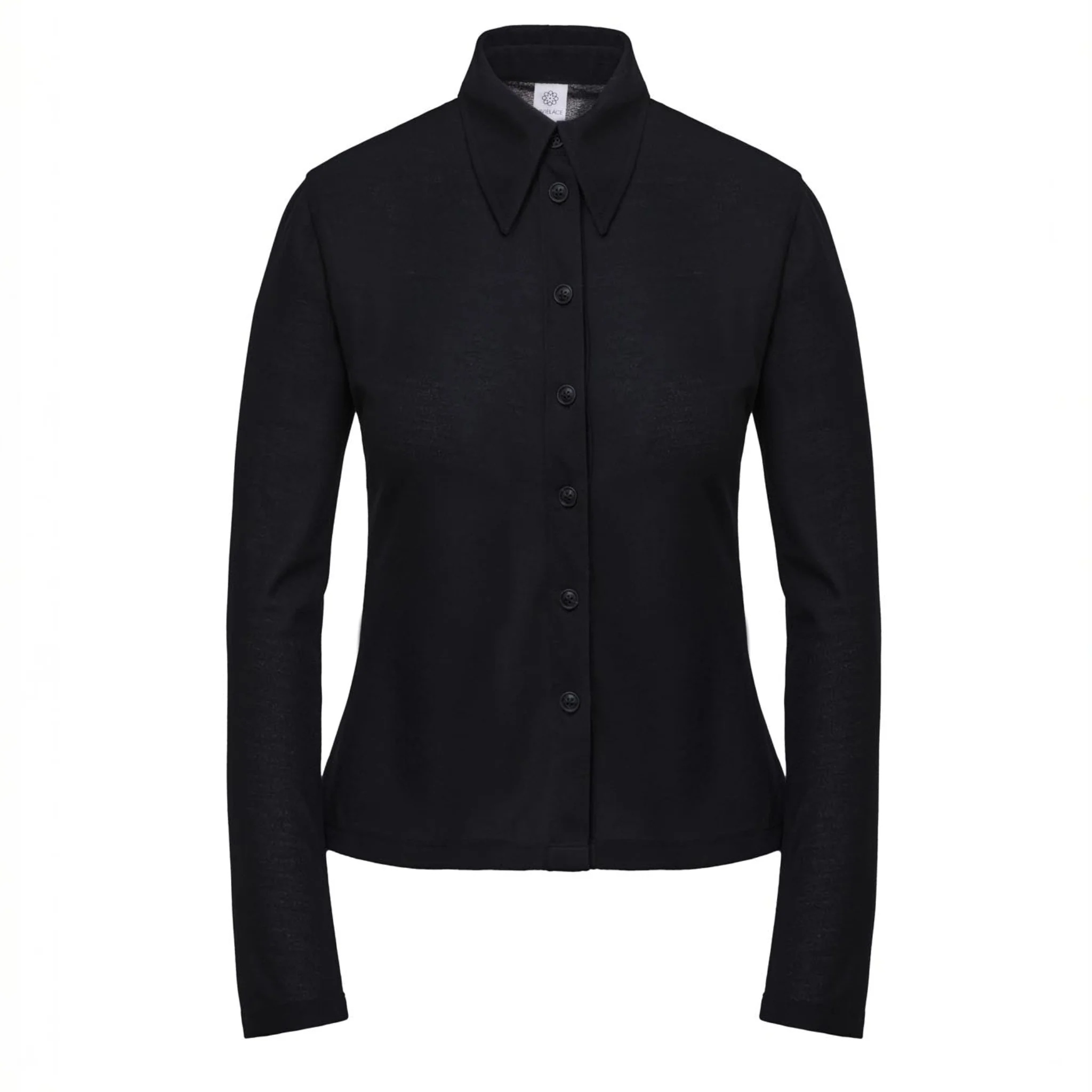 Fitted Knitted Button-Up Black Blouse