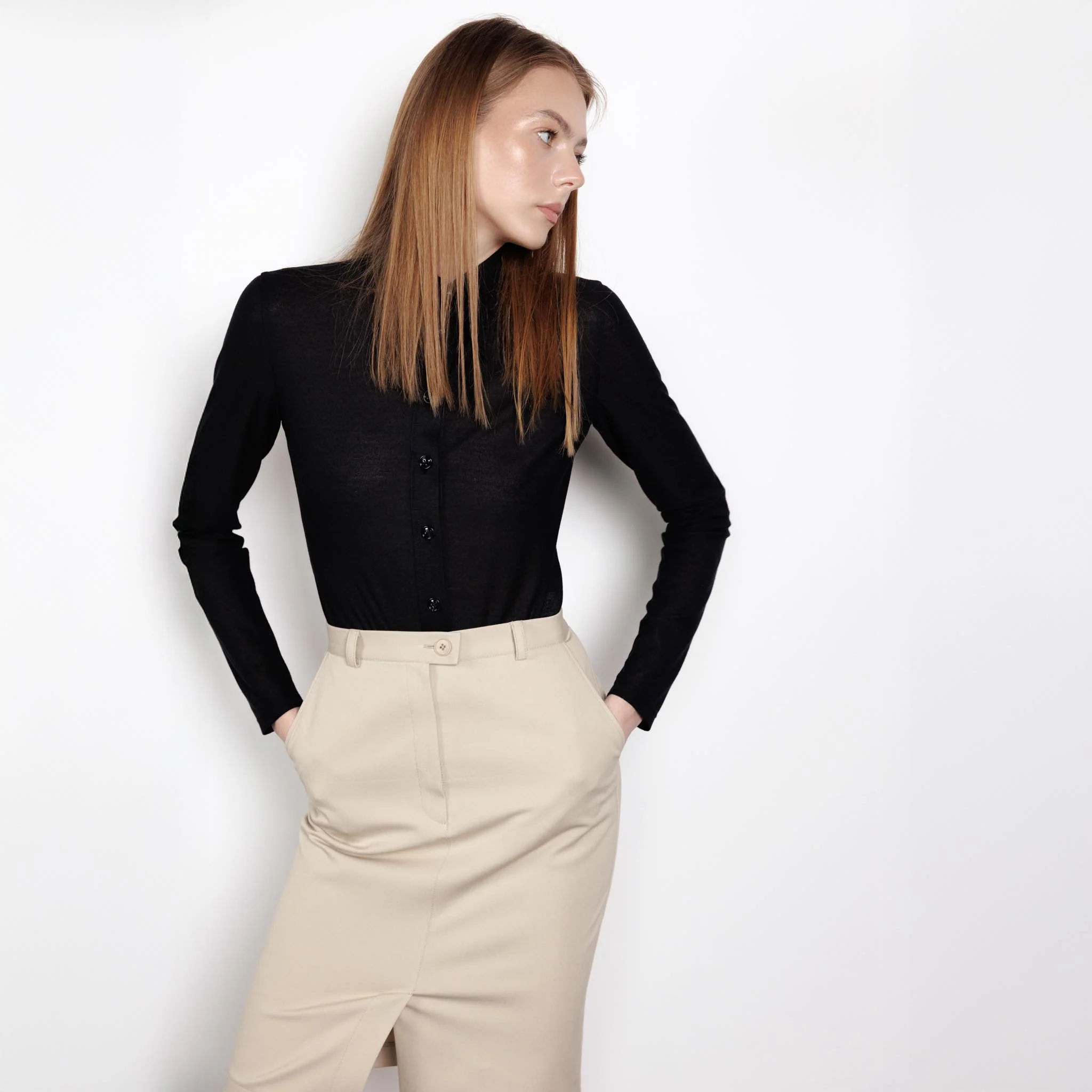 Fitted Knitted Button-Up Black Blouse - Image 2