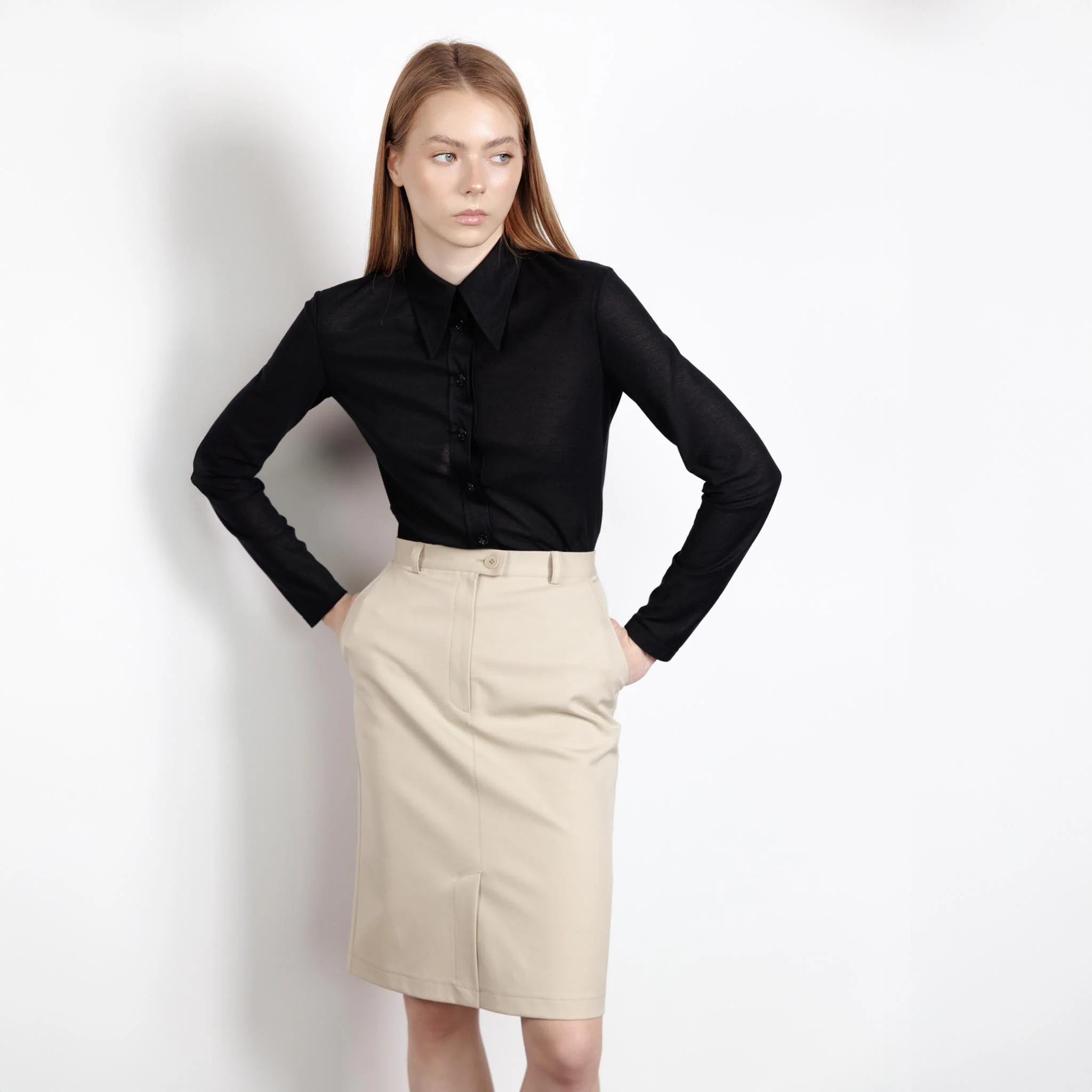 Fitted Knitted Button-Up Black Blouse - Image 3
