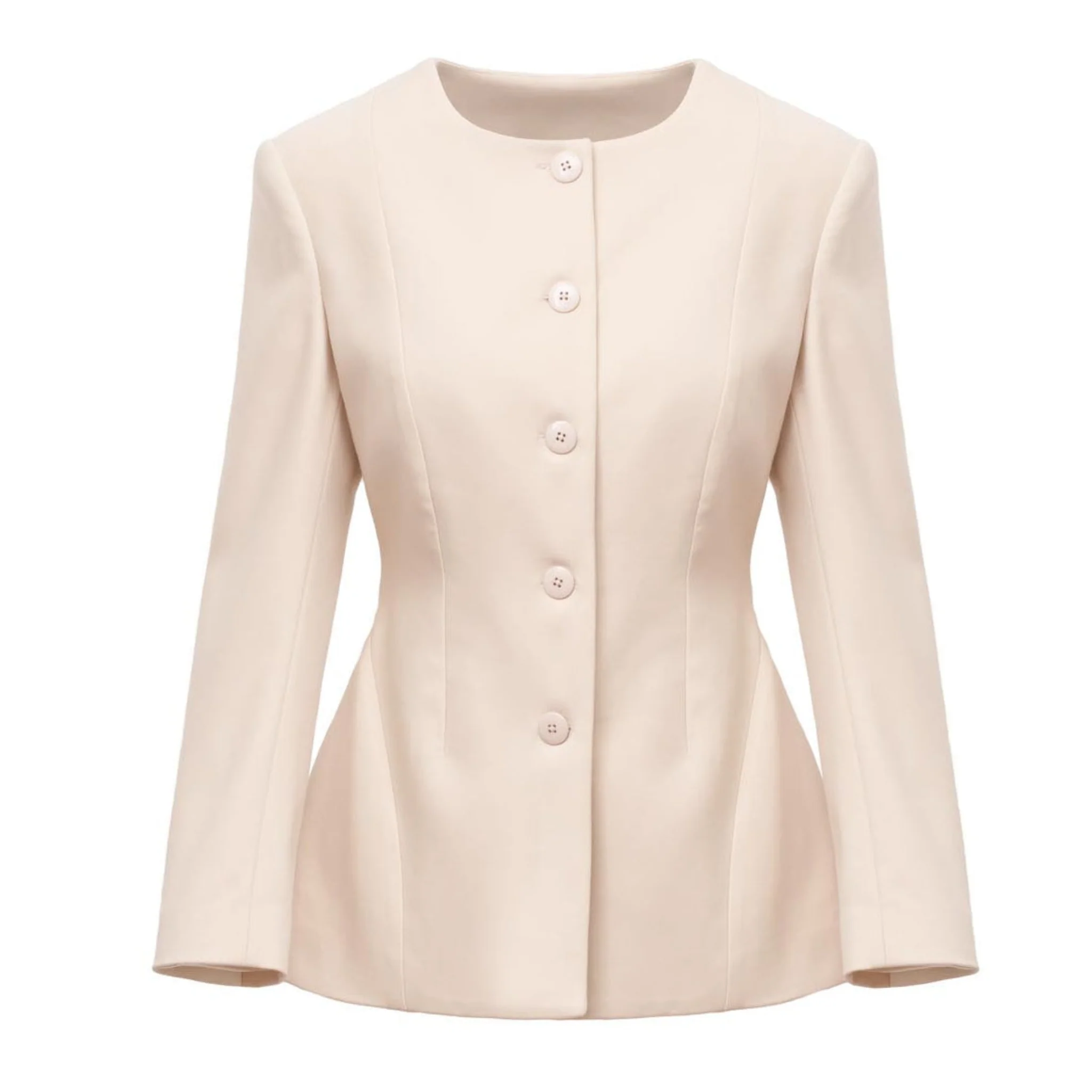 Sculpted Peplum-Hem Collarless Beige Jacket