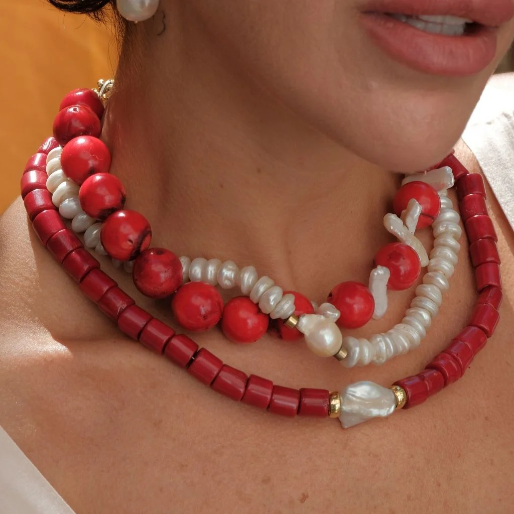 Harmonia Chunky Red Coral Necklace with Baroque Pearl - Image 2