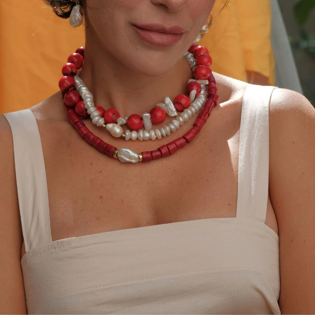 Harmonia Chunky Red Coral Necklace with Baroque Pearl - Image 3