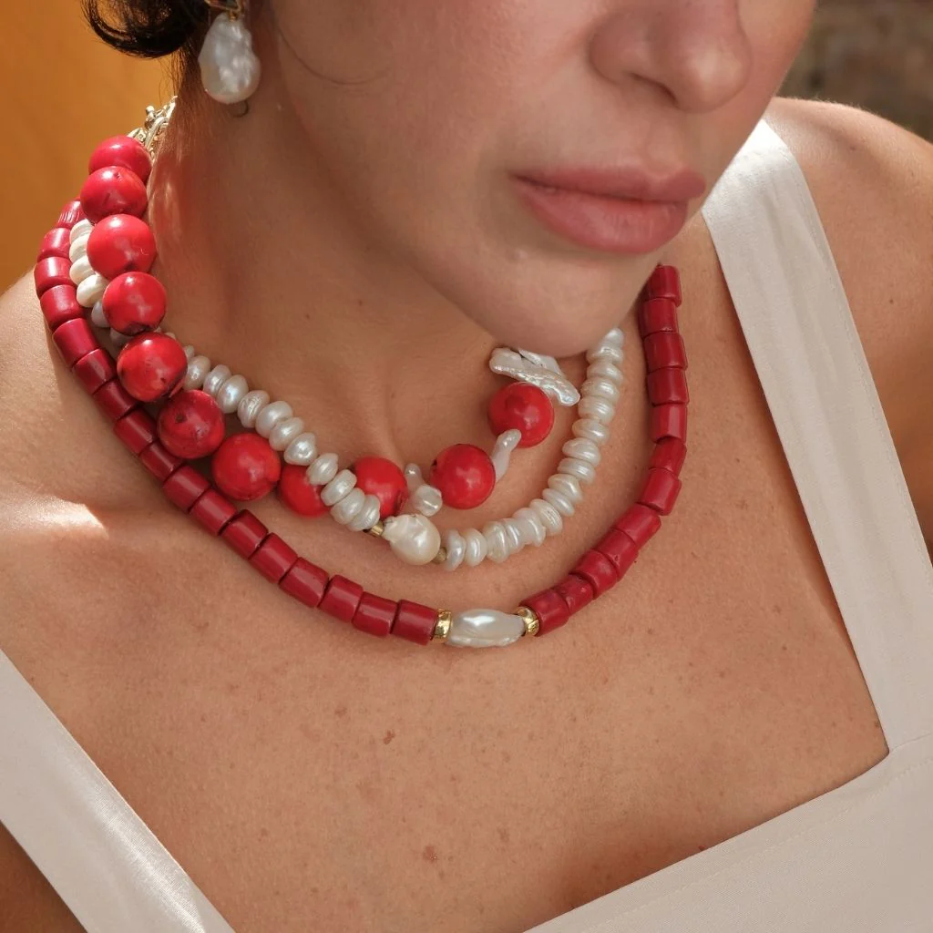 Harmonia Chunky Red Coral Necklace with Baroque Pearl - Image 5