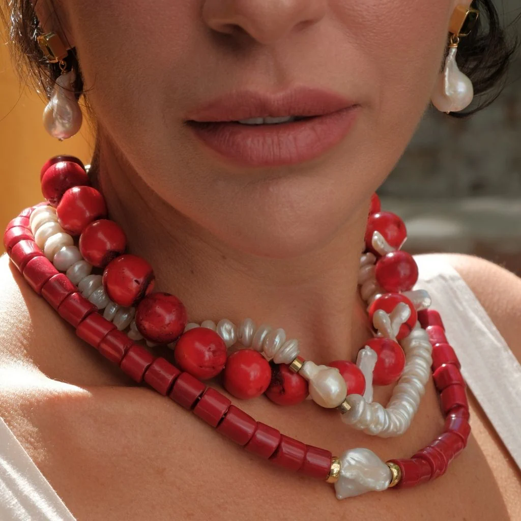Harmonia Chunky Red Coral Necklace with Baroque Pearl - Image 6