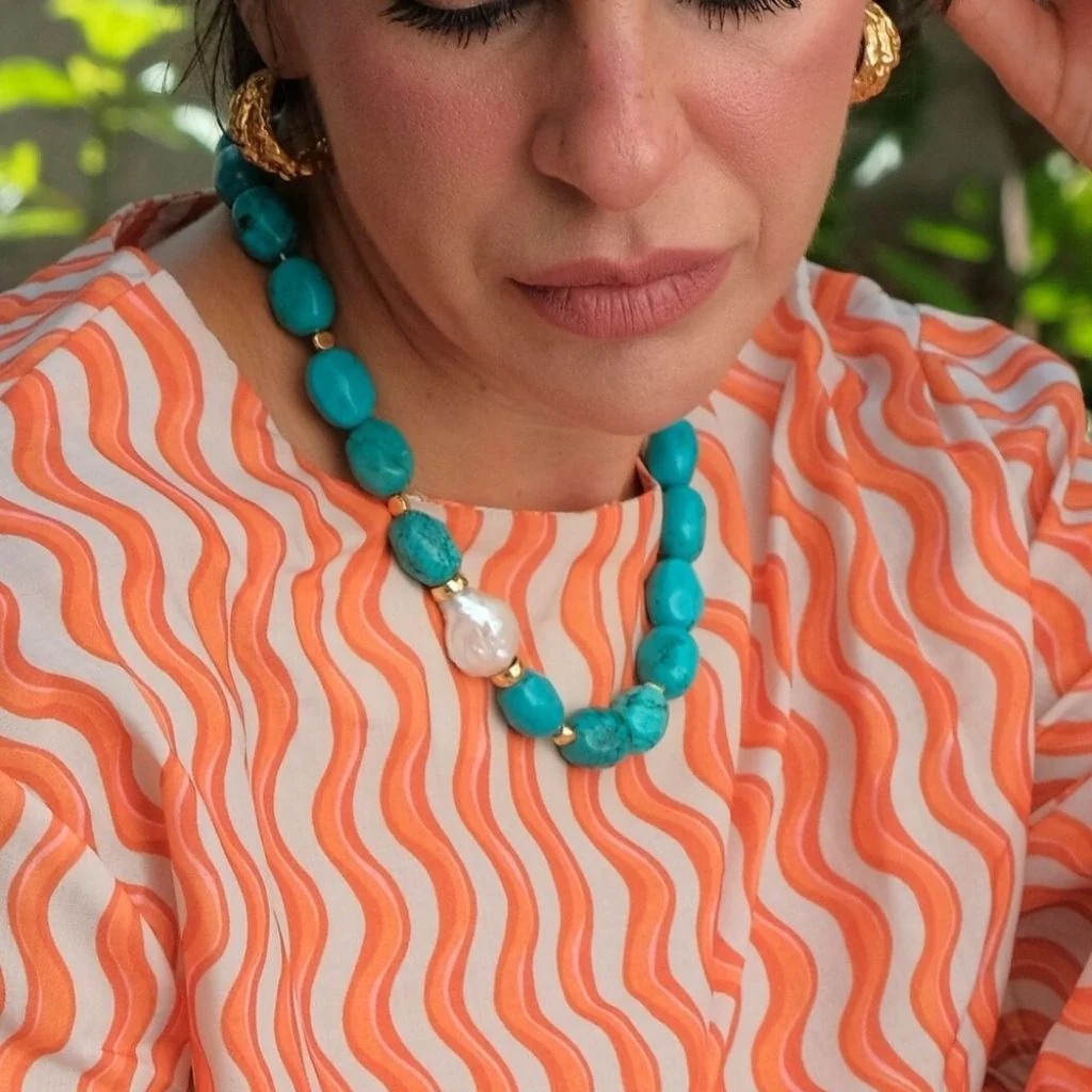 Kallisti Turquoise Gemstone Necklace with Baroque Pearl - Image 5