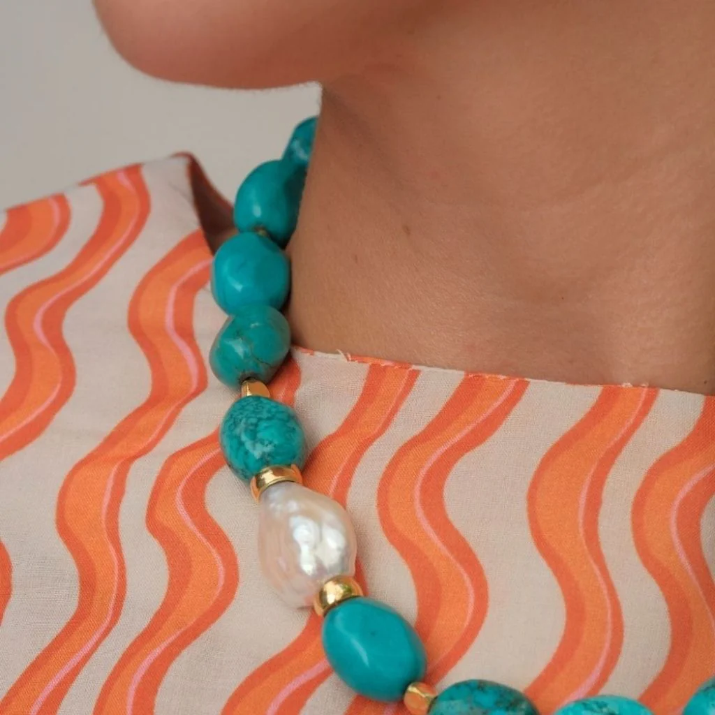 Kallisti Turquoise Gemstone Necklace with Baroque Pearl - Image 6