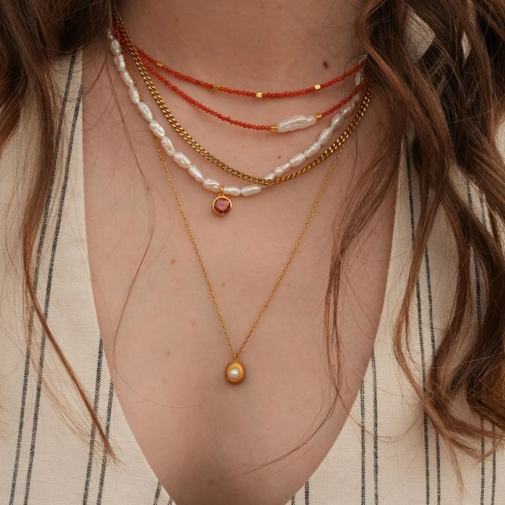 Kely Red Coral Beaded Necklace with Pearl Detail - Image 2