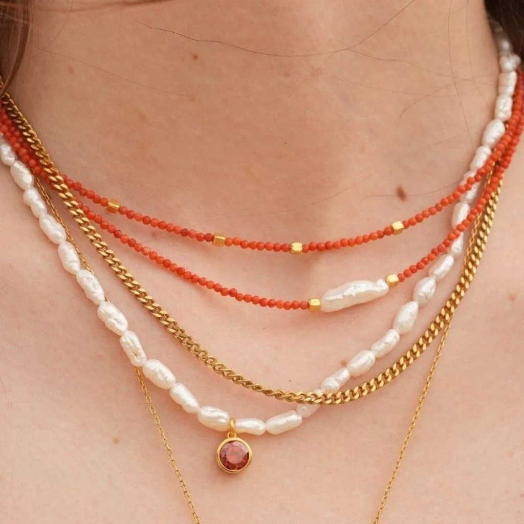 Kely Red Coral Beaded Necklace with Pearl Detail - Image 5