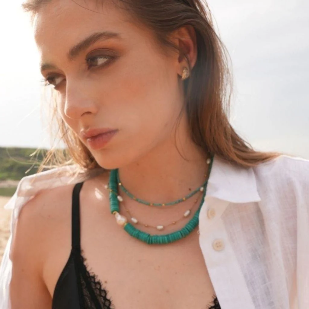 Lana Turquoise Beaded Necklace with Gold Ball Accents - Image 2