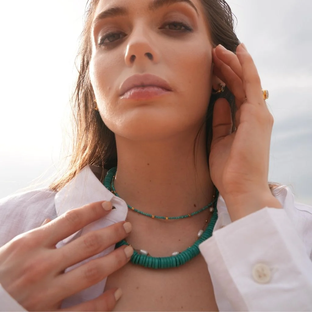 Lana Turquoise Beaded Necklace with Gold Ball Accents - Image 4