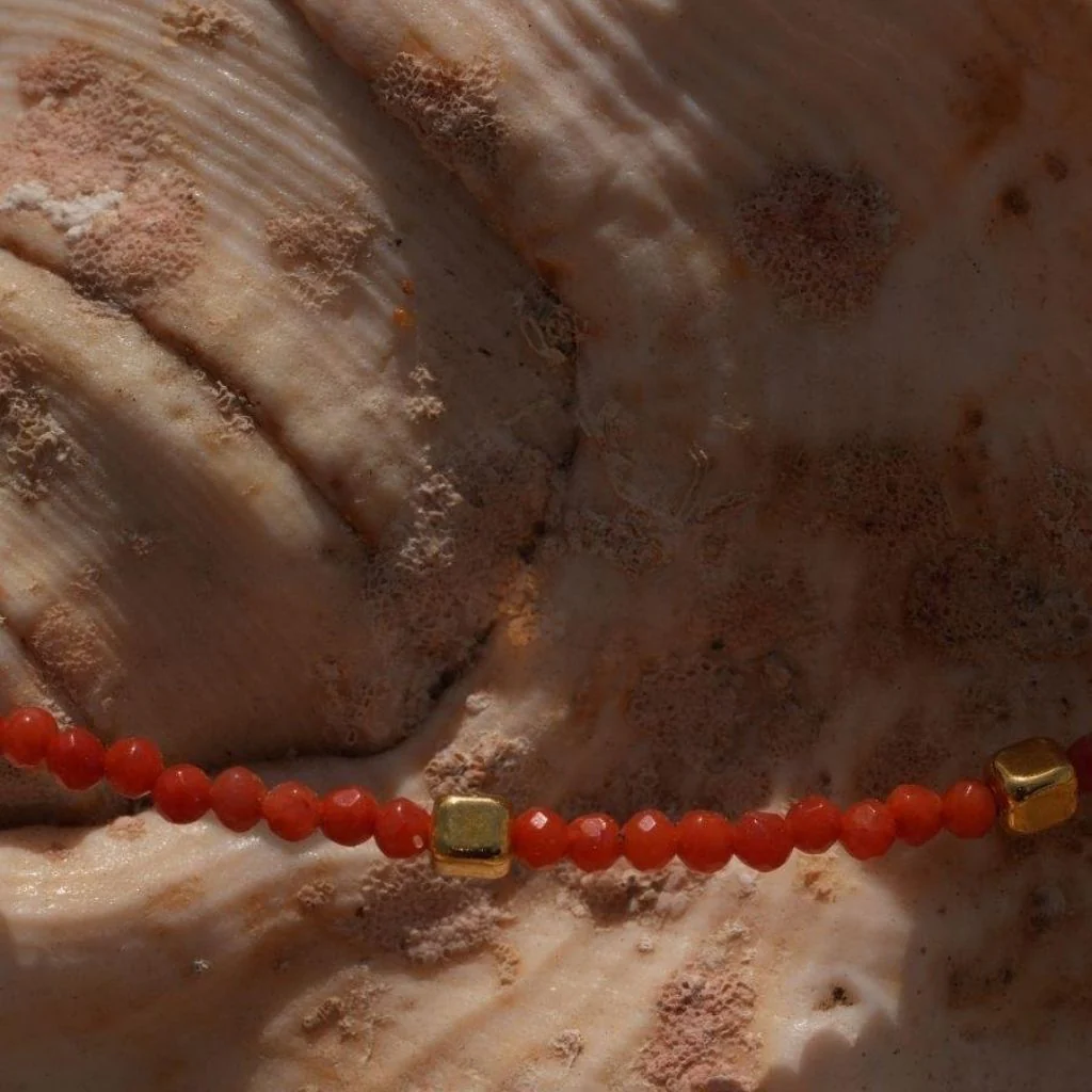 Mira Red Coral Beaded Necklace with Gold Accents - Image 2