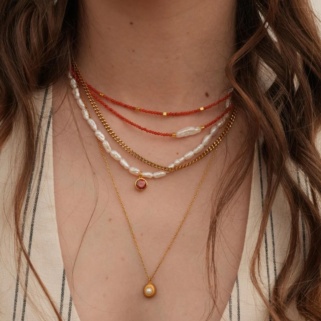 Mira Red Coral Beaded Necklace with Gold Accents - Image 4