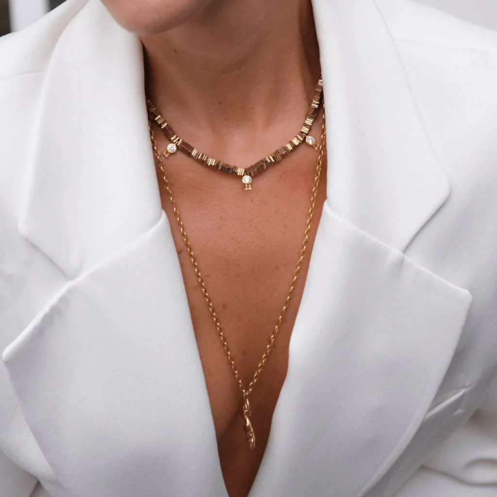 Verta Gold Hematite Collar Necklace with Crystal Charms - Image 2