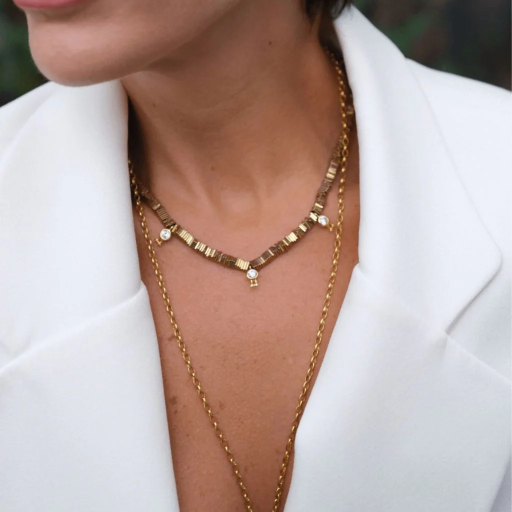 Verta Gold Hematite Collar Necklace with Crystal Charms - Image 3