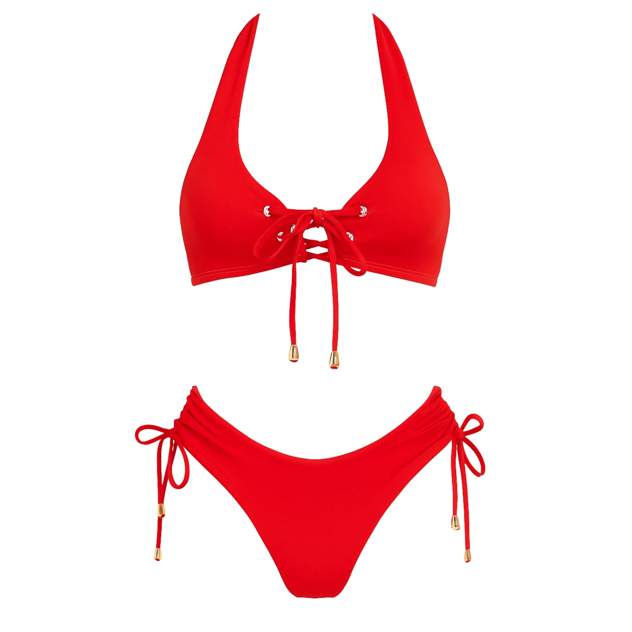 Cherry Red Lace-Up Bikini Set with Adjustable Ties