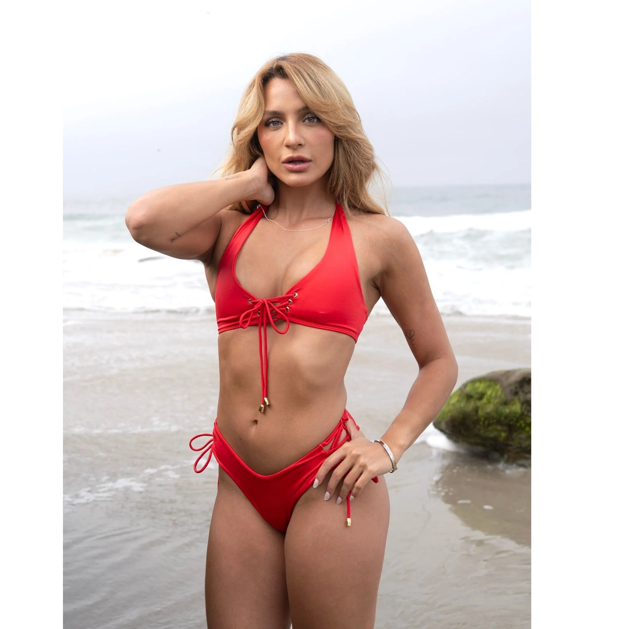 Cherry Red Lace-Up Bikini Set with Adjustable Ties - Image 8