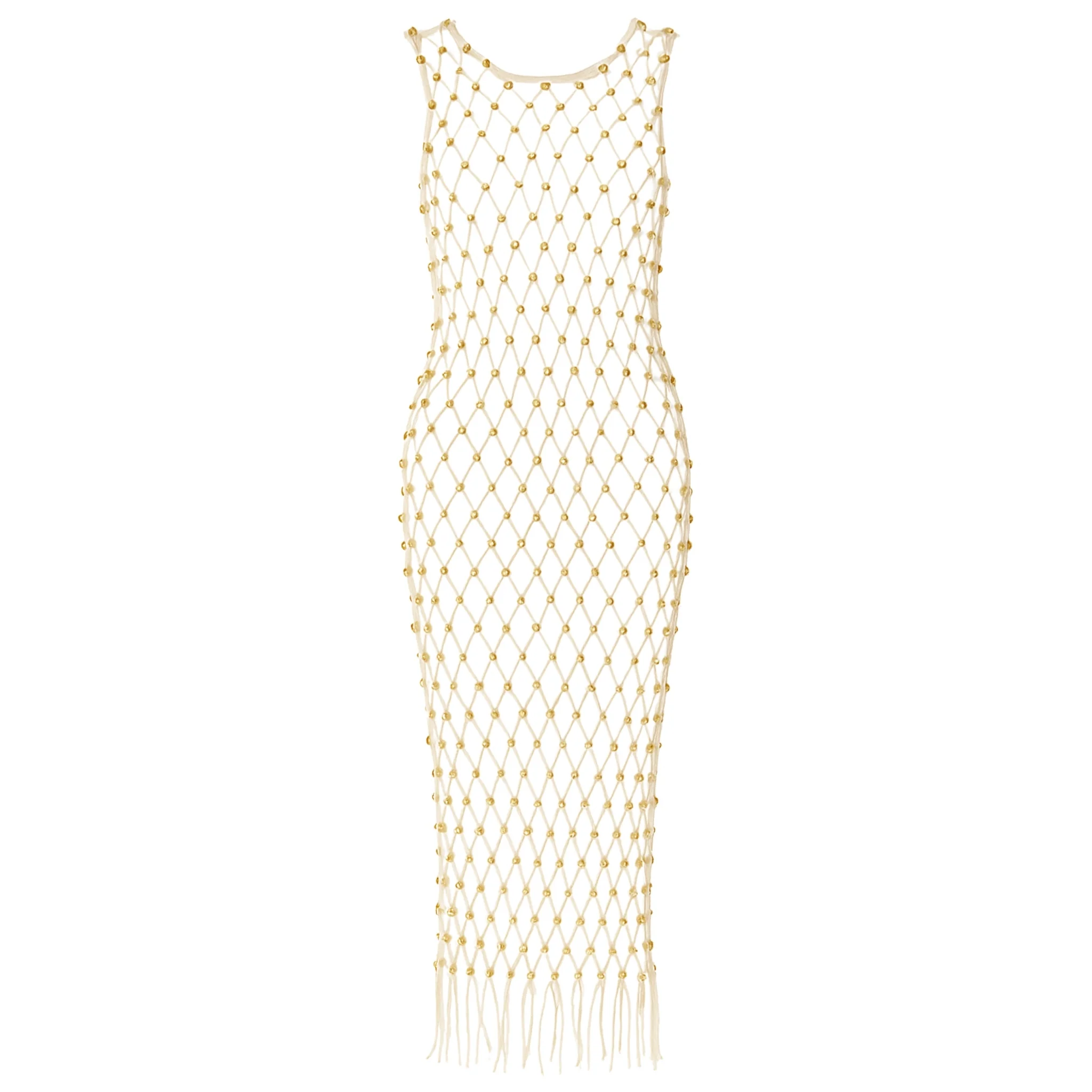 Cream Hand-Woven Crochet Dress with Gold Beads