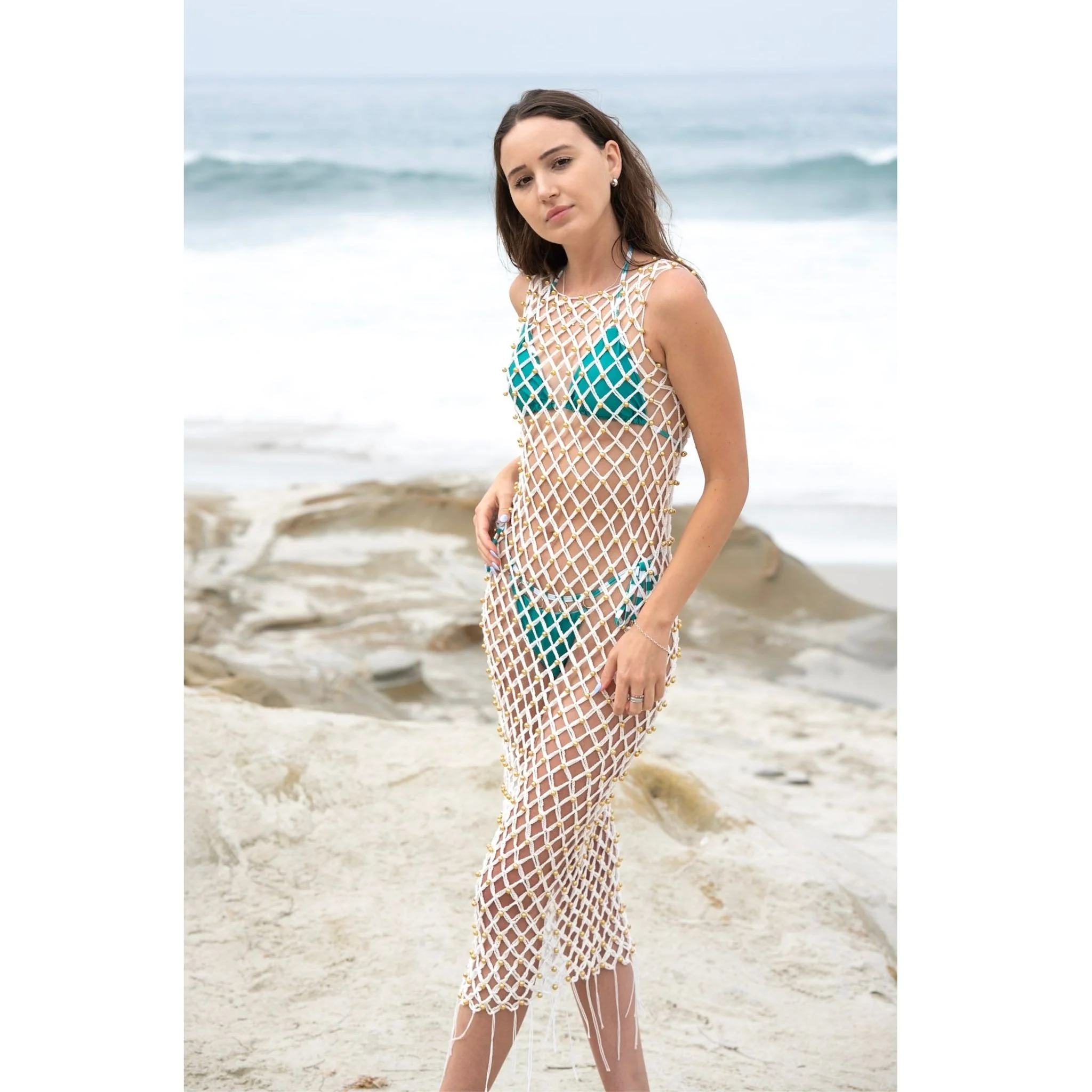 Cream Hand-Woven Crochet Dress with Gold Beads - Image 5