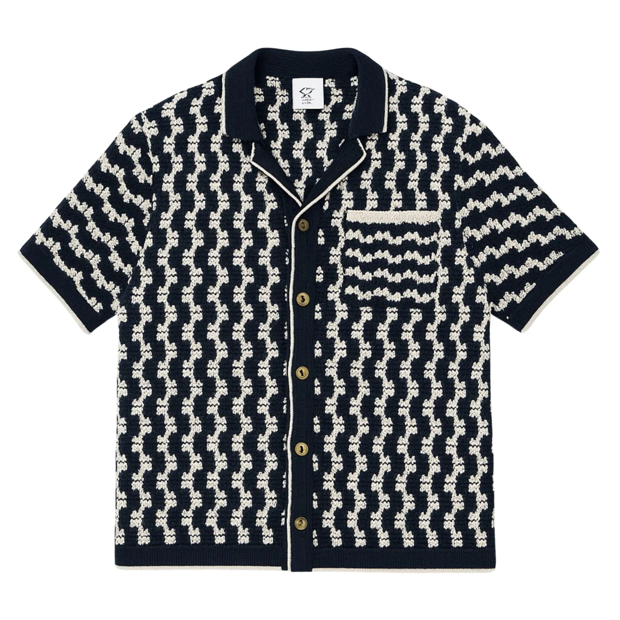 Navy Crochet Button-Up Shirt in Organic Cotton Blend