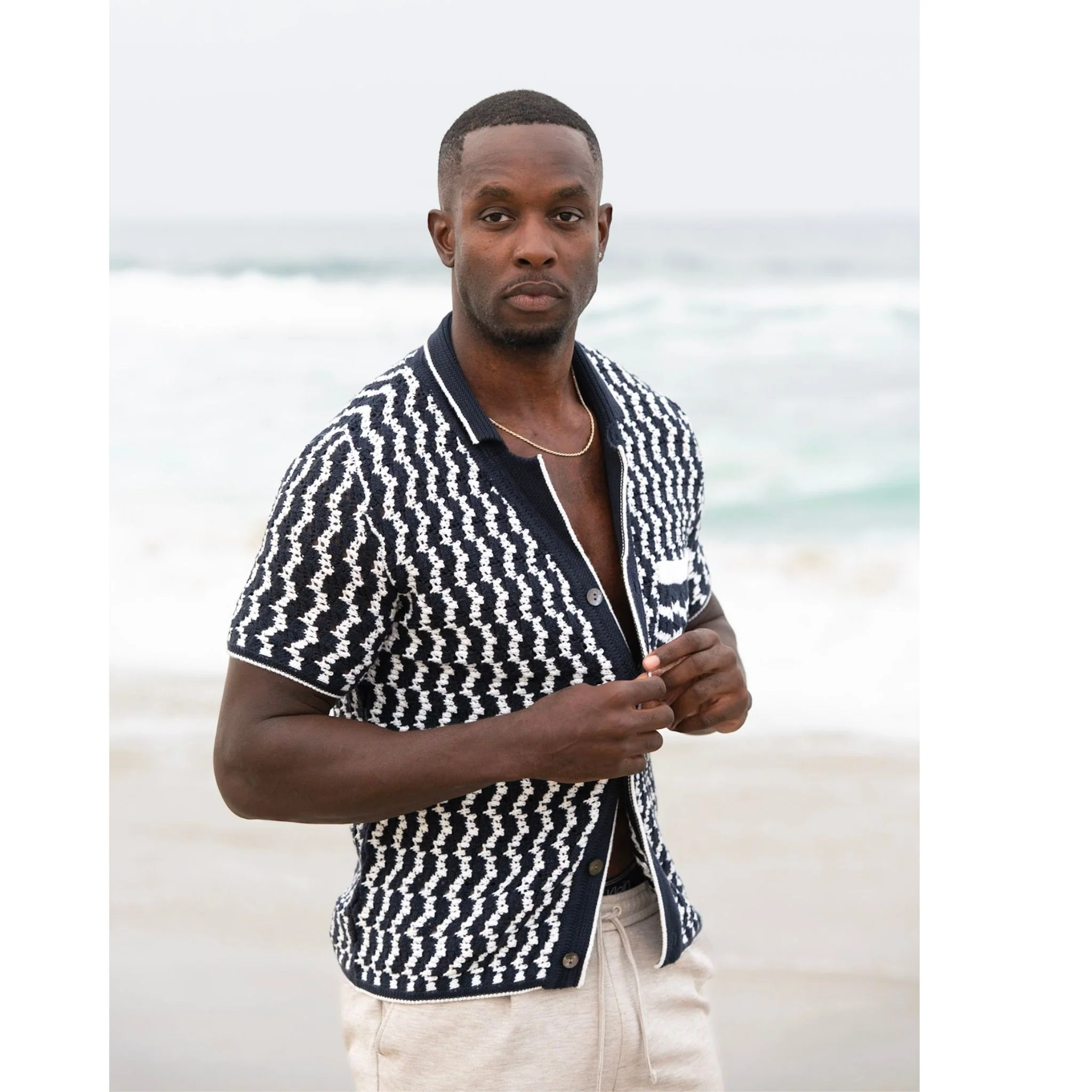Navy Crochet Button-Up Shirt in Organic Cotton Blend - Image 2