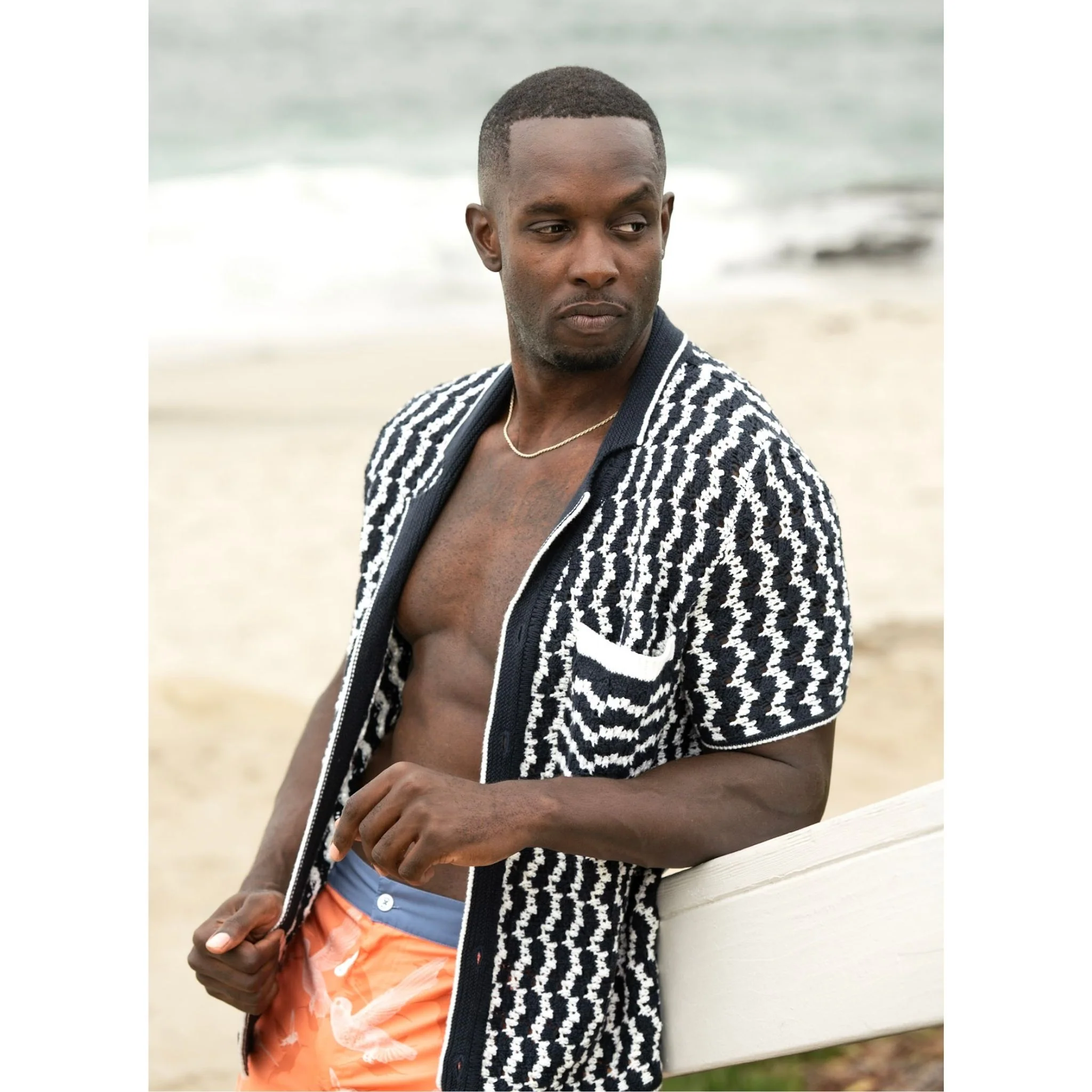Navy Crochet Button-Up Shirt in Organic Cotton Blend - Image 3
