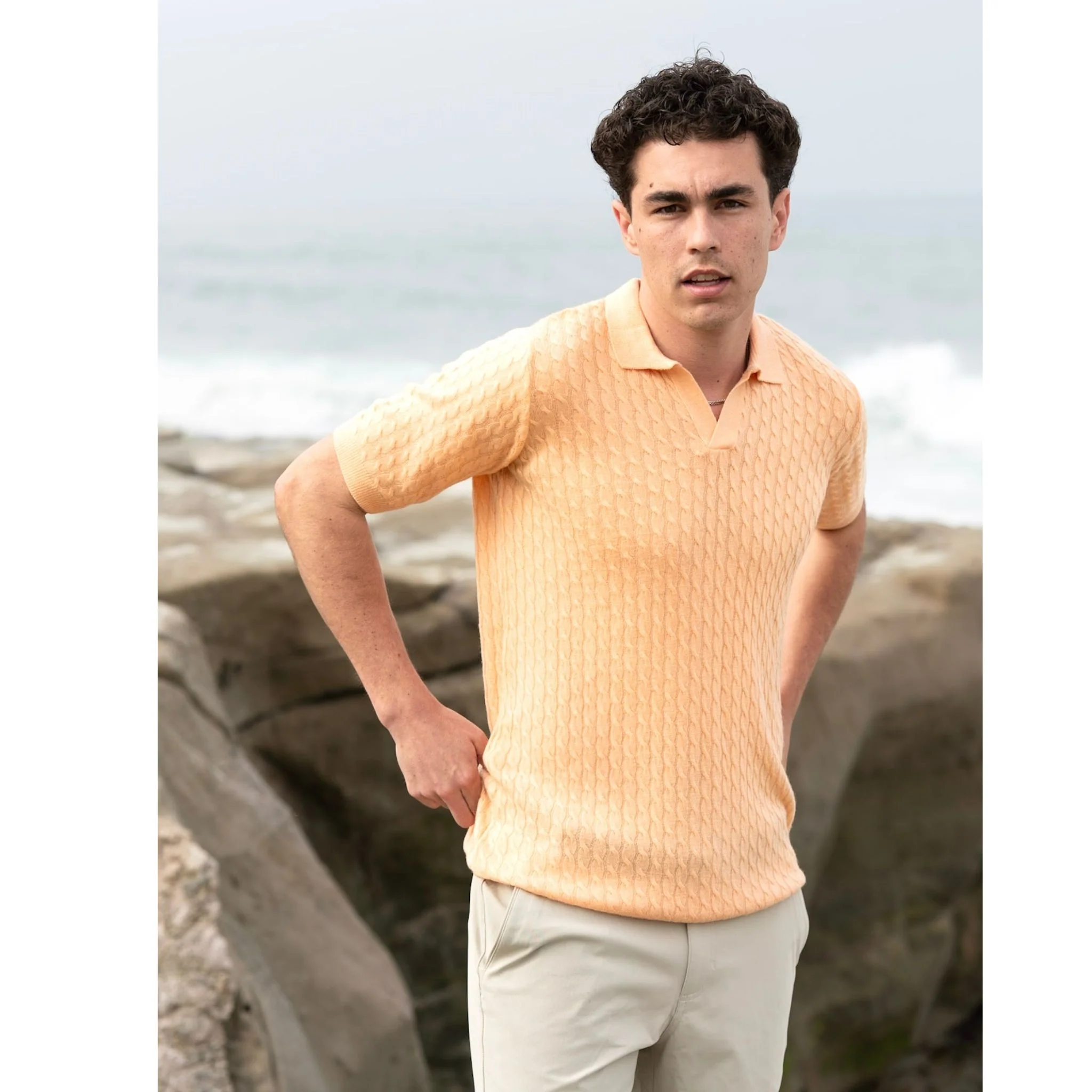 Orange Cable Knit Cashmere Feel Polo Shirt - Image 2