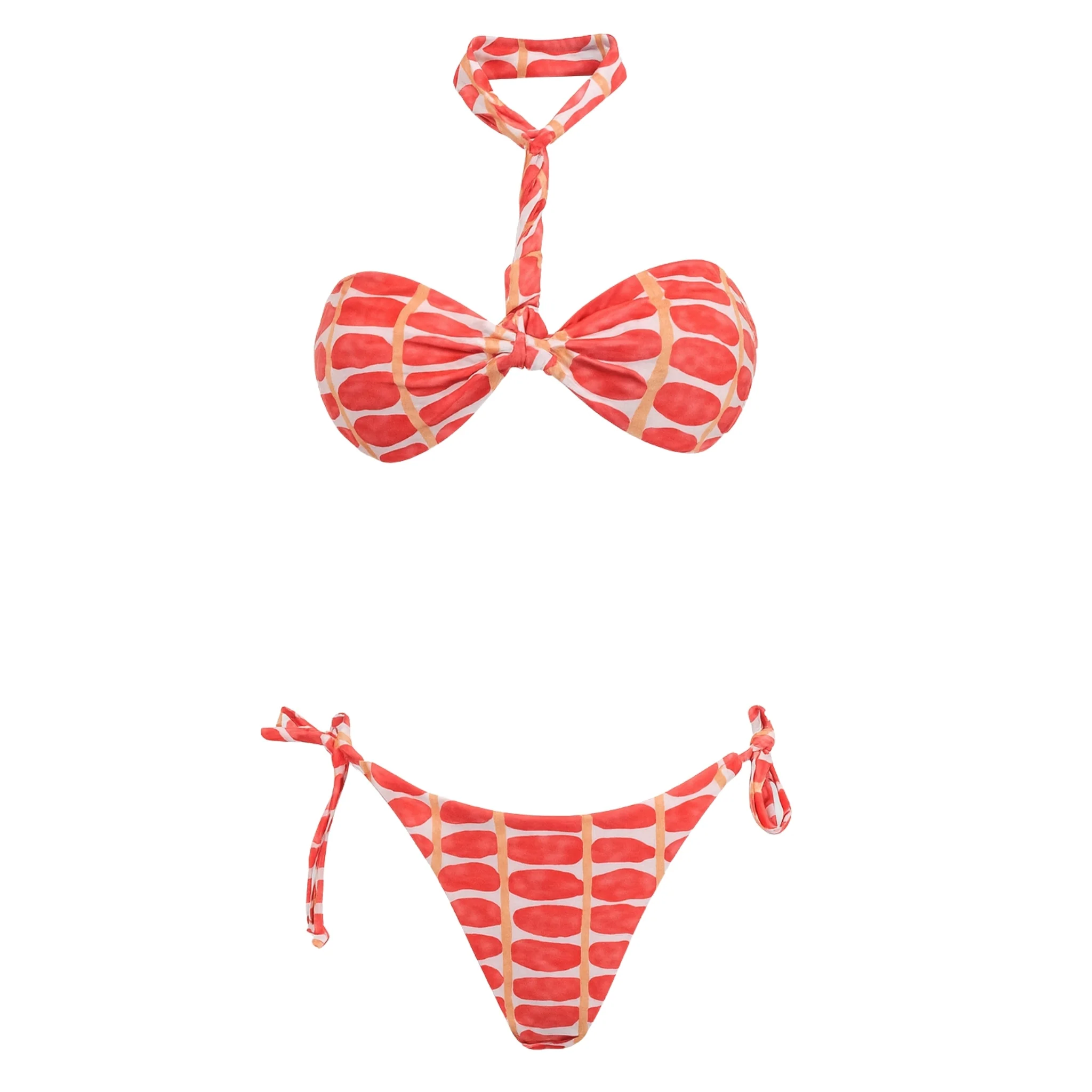Red & Yellow Twist-Tie Bikini Set with Adjustable Neck and Side Ties