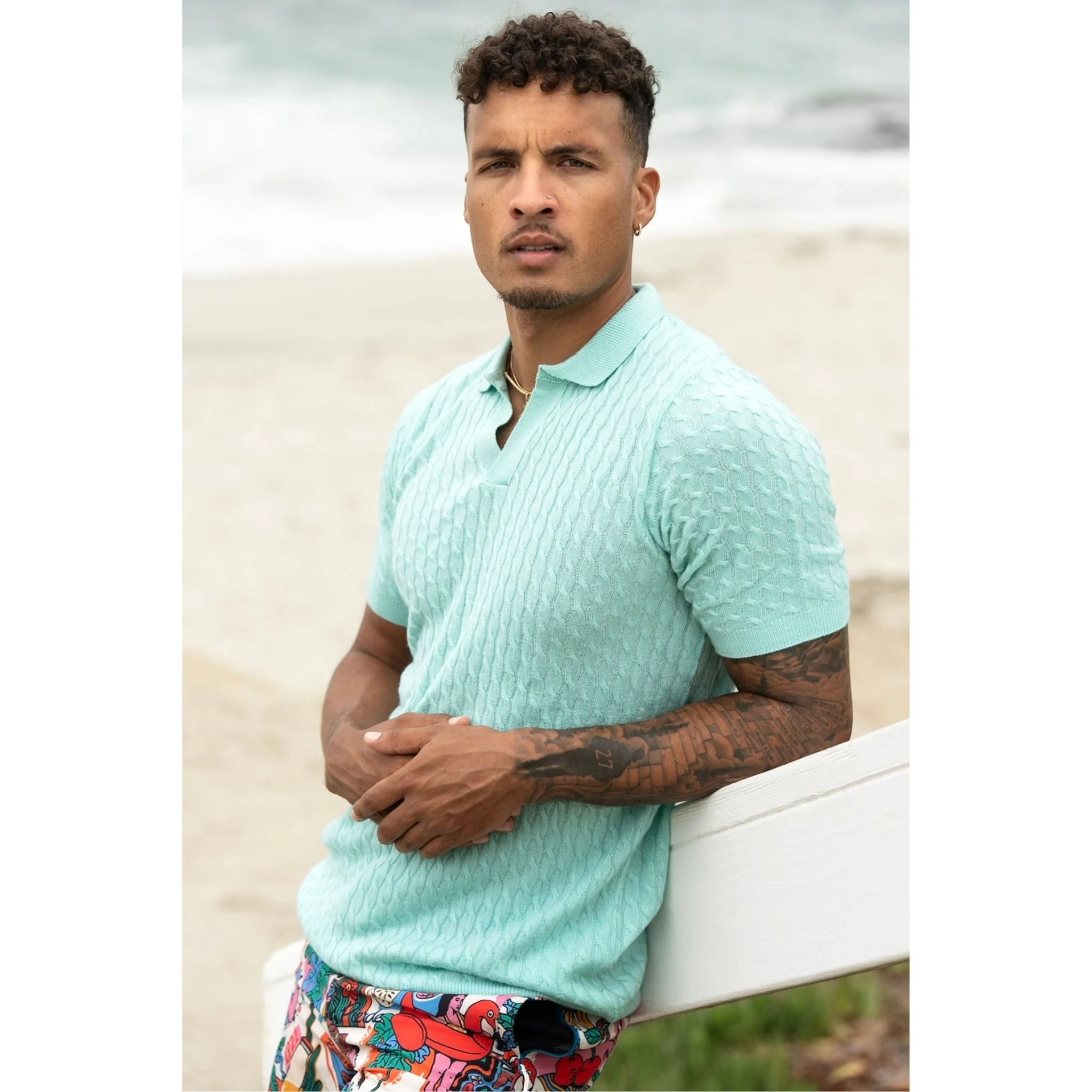 Sky Blue Cable Knit Cashmere Feel Polo Shirt - Image 2