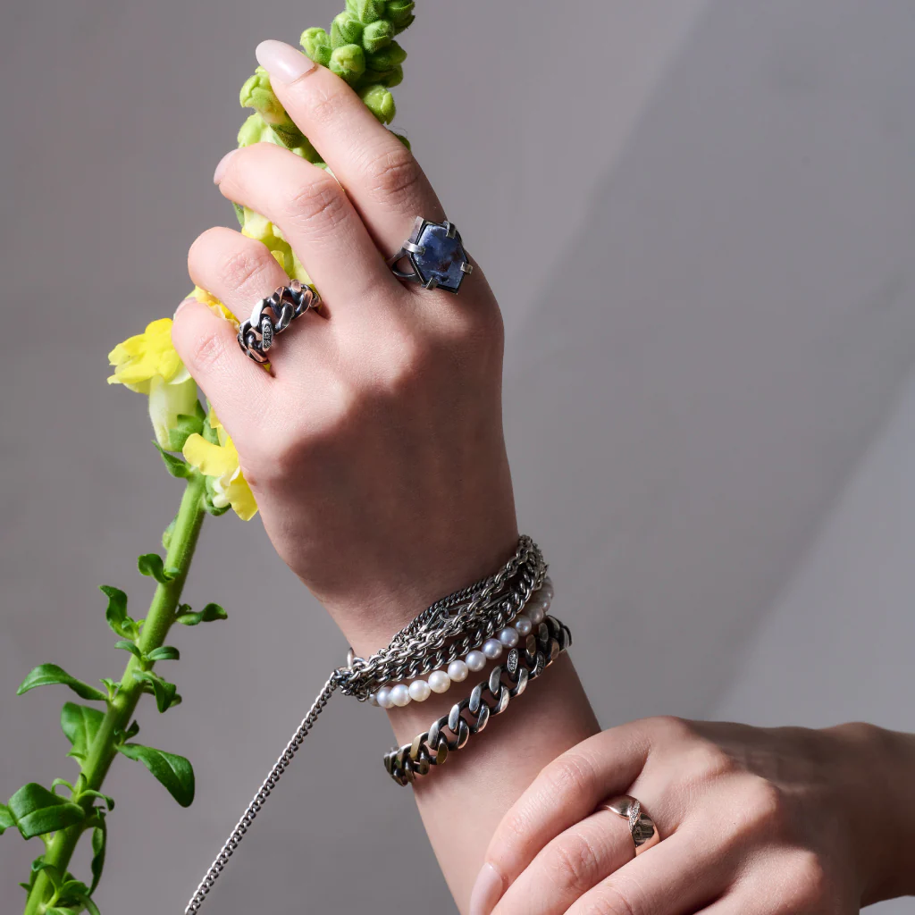Layered Silver Bracelet with Pearls - Image 3