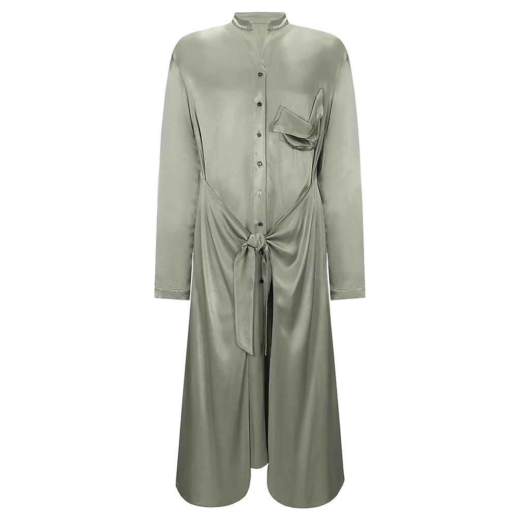 Long Sleeve Silver Maxi Shirt-dress