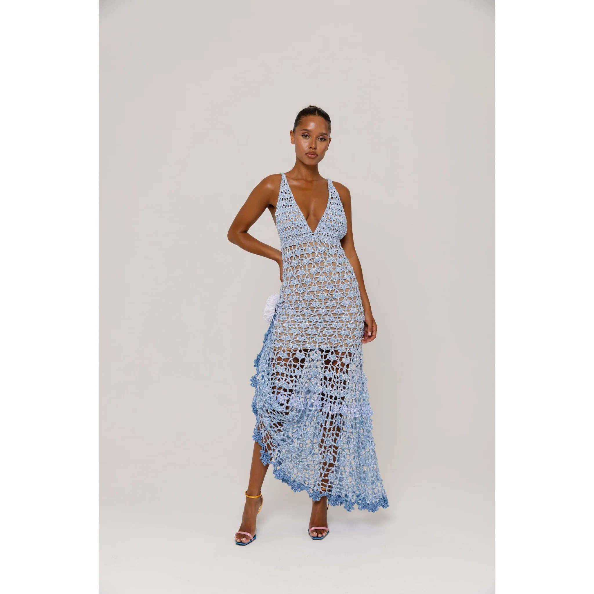 Metallic Blue Crochet Maxi Dress with Open Back - Image 2