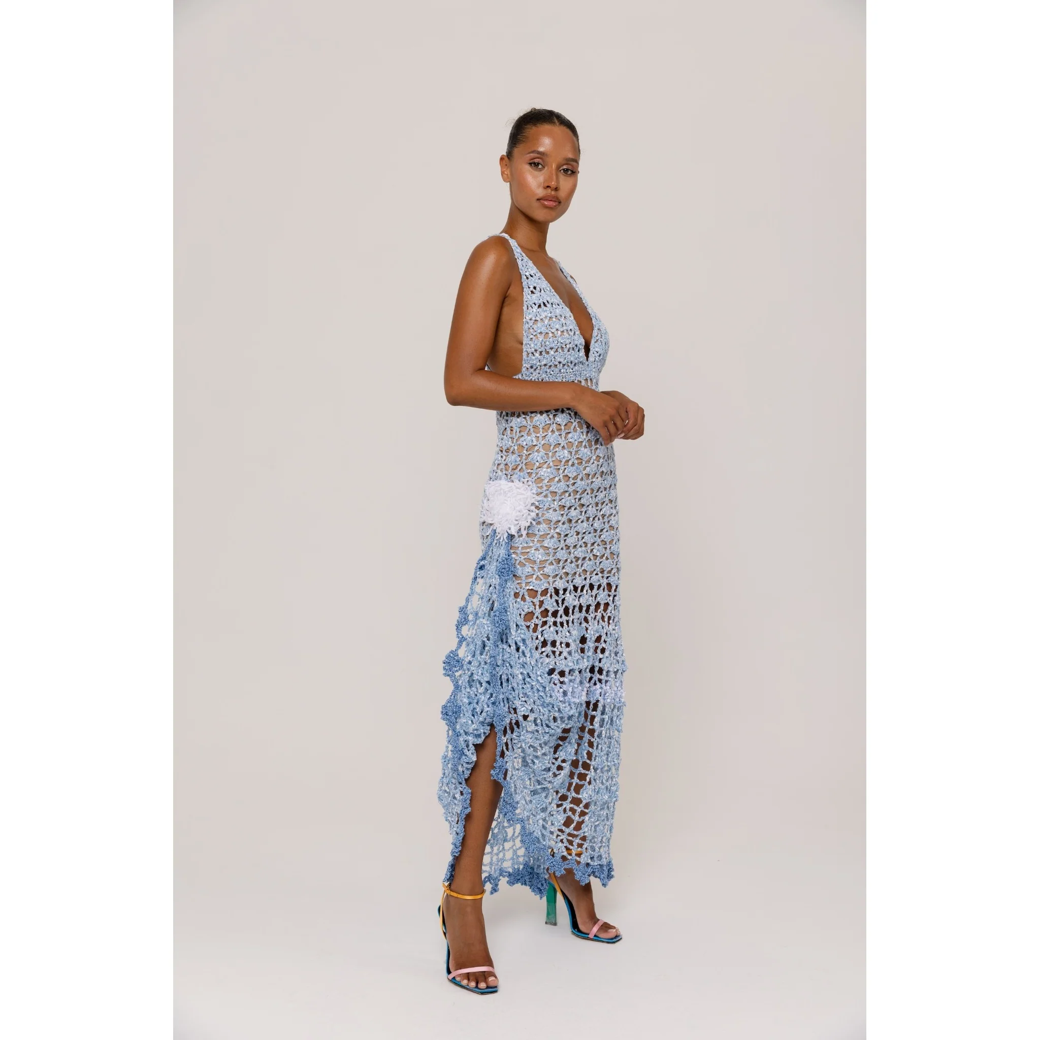 Metallic Blue Crochet Maxi Dress with Open Back - Image 3