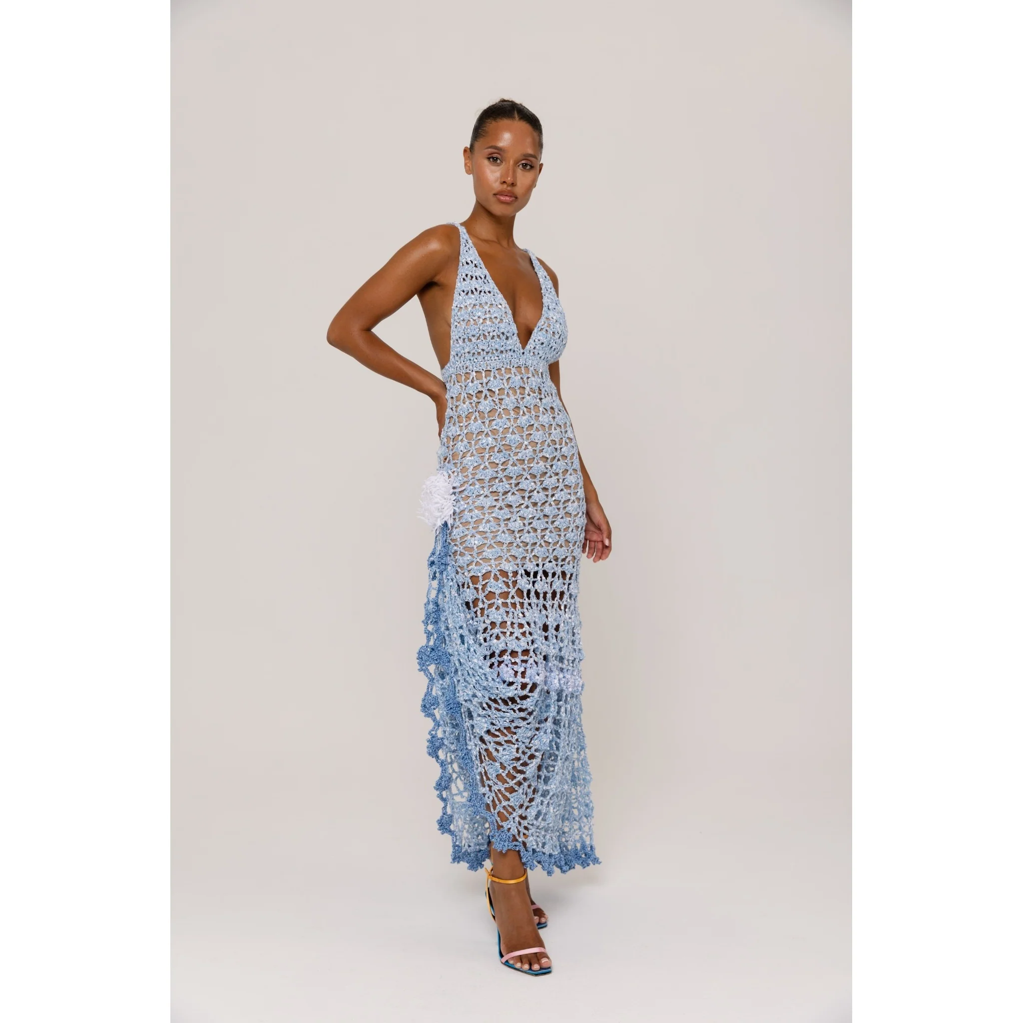 Metallic Blue Crochet Maxi Dress with Open Back - Image 4