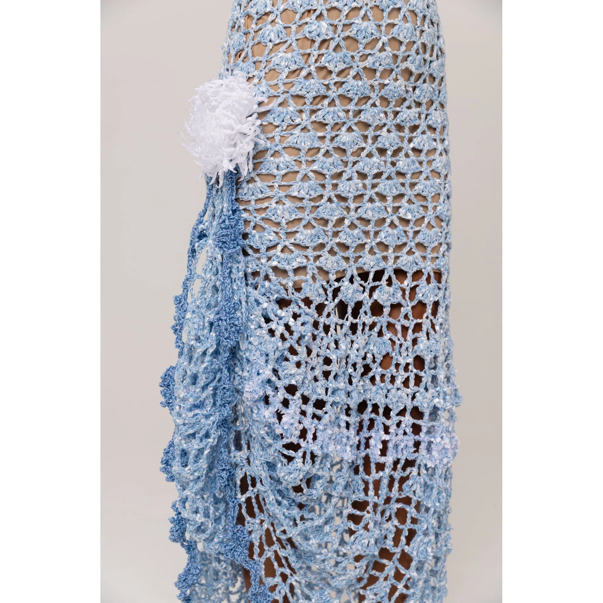 Metallic Blue Crochet Maxi Dress with Open Back - Image 5